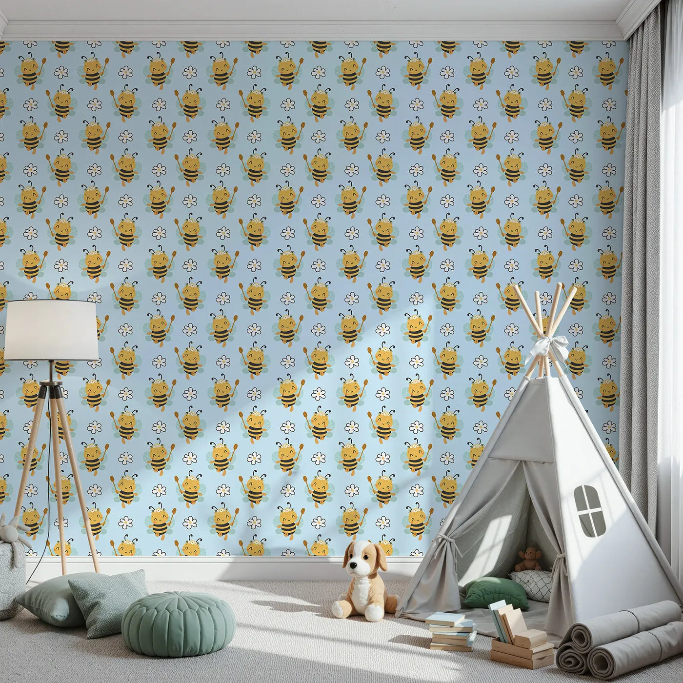 Front view of Whimsy Tots' Bee Blossom Parade Wallpaper in Sky