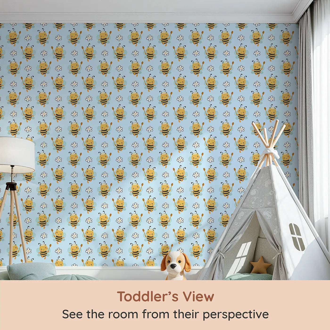 Whimsy Tots Bee Blossom Parade Wallpaper in Sky (W3435E) from your child's view.Daisy-crowned bees float sweetly through a soft blue sky of joy.