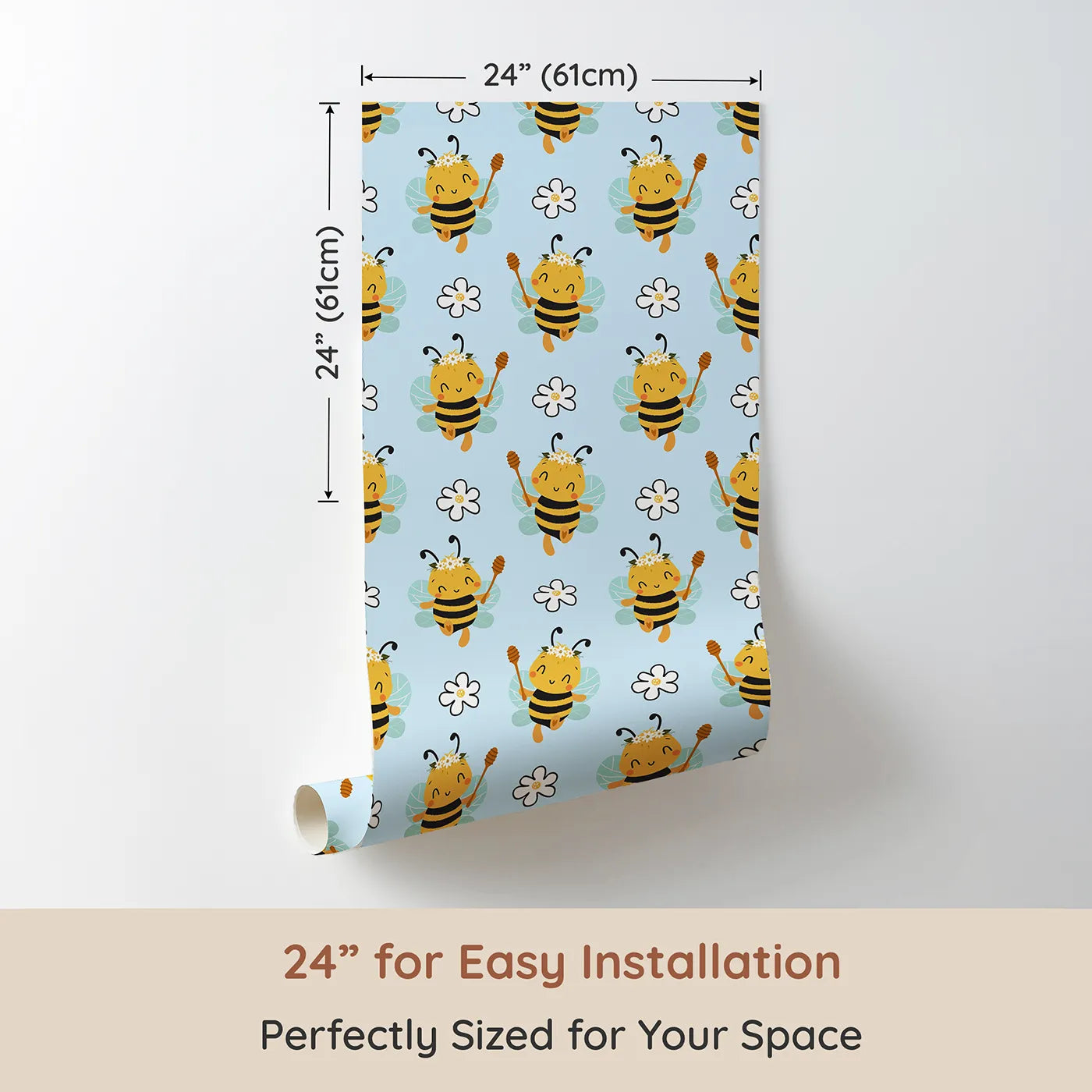 Dimension view of Whimsy Tots Bee Blossom Parade Wallpaper in Sky (W3435E). Printed in 24-inch-wide panel for easy installation. Daisy-crowned bees float sweetly through a soft blue sky of joy.