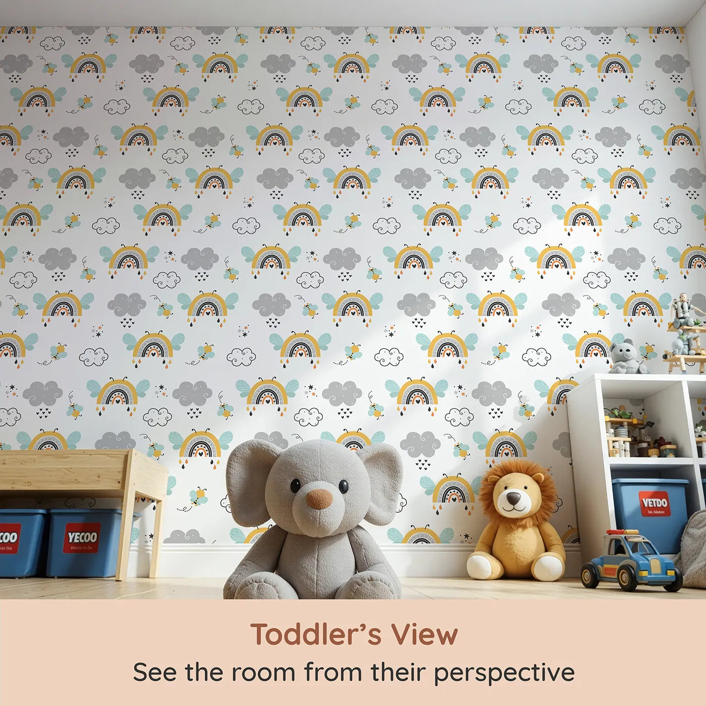 Whimsy Tots Bee Rainbow Dreams Wallpaper in White (W3436A) from your child's view.Rainbows sprout wings and bees chase stars beneath dreamy clouds.