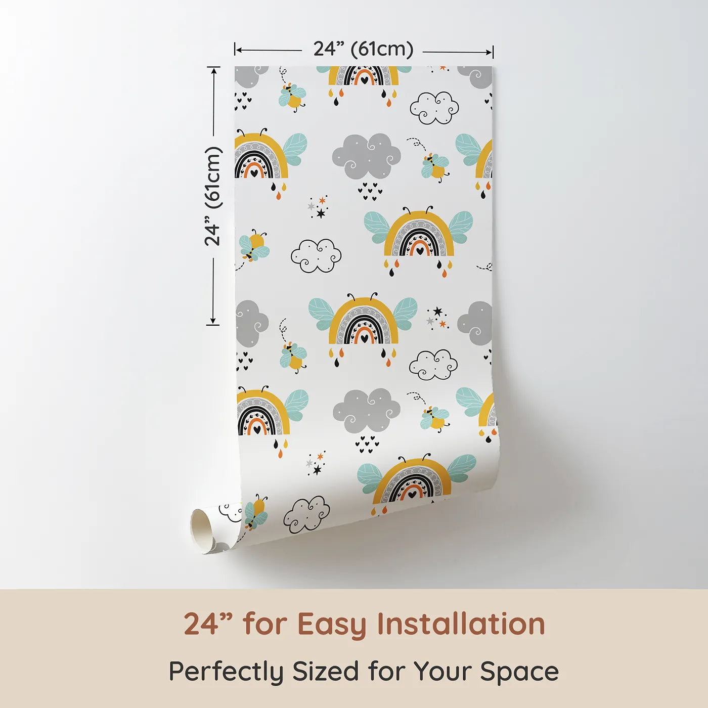 Dimension view of Whimsy Tots Bee Rainbow Dreams Wallpaper in White (W3436A). Printed in 24-inch-wide panel for easy installation. Rainbows sprout wings and bees chase stars beneath dreamy clouds.