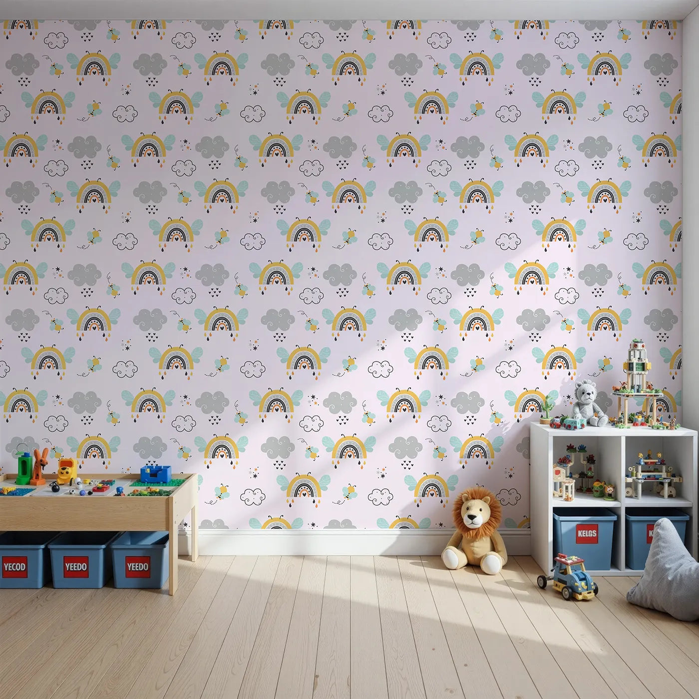 Front view of Whimsy Tots' Bee Rainbow Dreams Wallpaper in Blush Pink