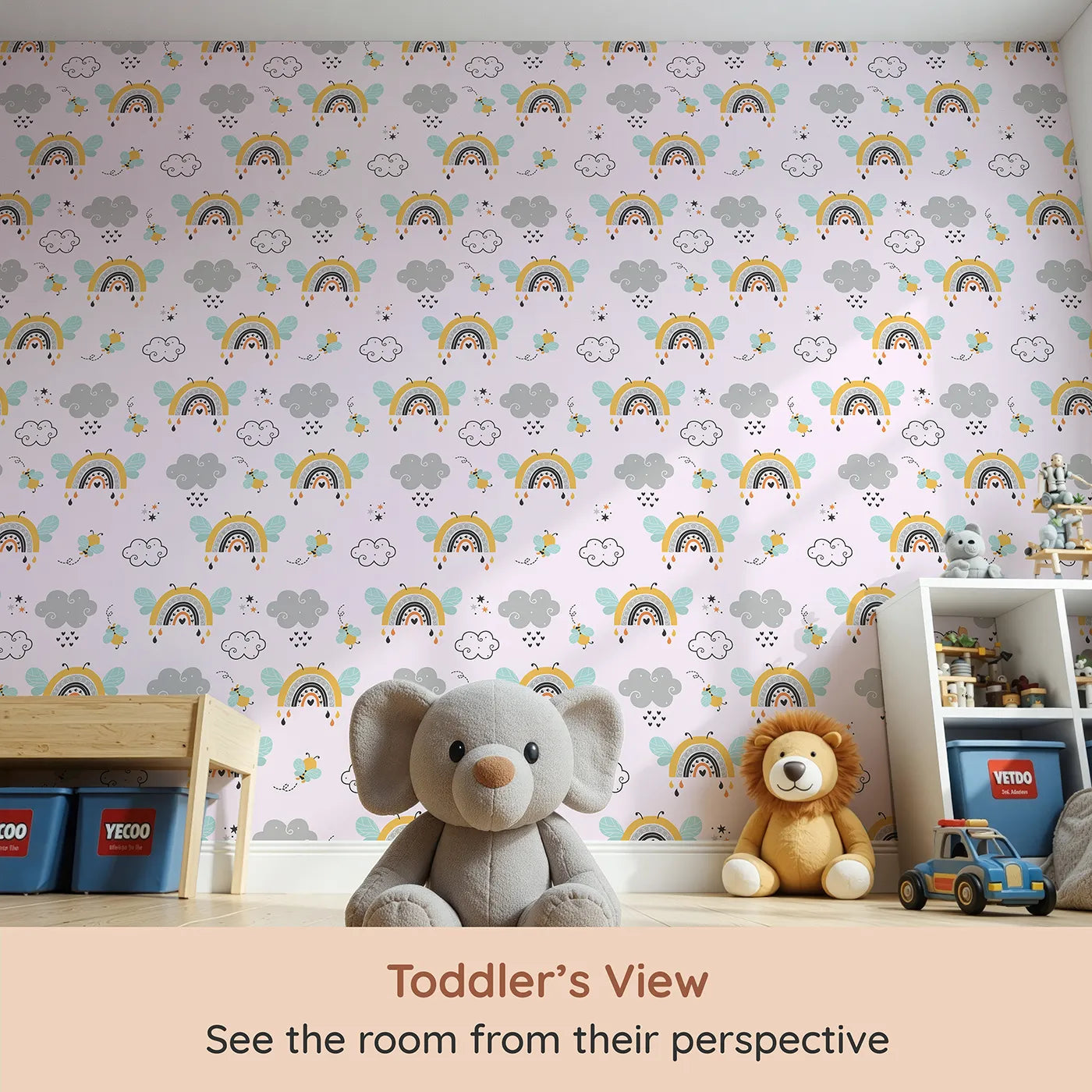 Whimsy Tots Bee Rainbow Dreams Wallpaper in Blush Pink (W3436B) from your child's view.Rainbows and bees flutter sweetly through soft pink skies.