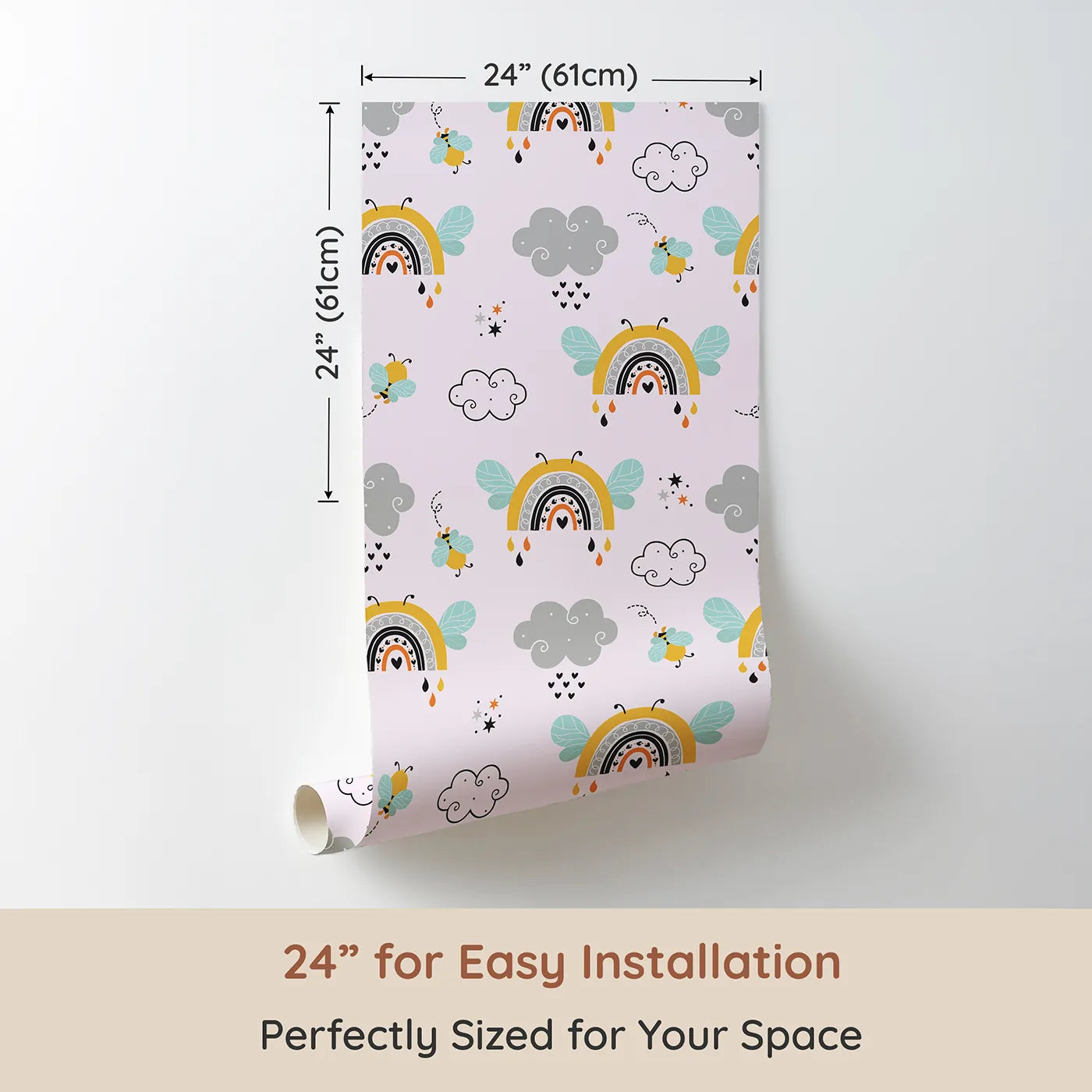 Dimension view of Whimsy Tots Bee Rainbow Dreams Wallpaper in Blush Pink (W3436B). Printed in 24-inch-wide panel for easy installation. Rainbows and bees flutter sweetly through soft pink skies.