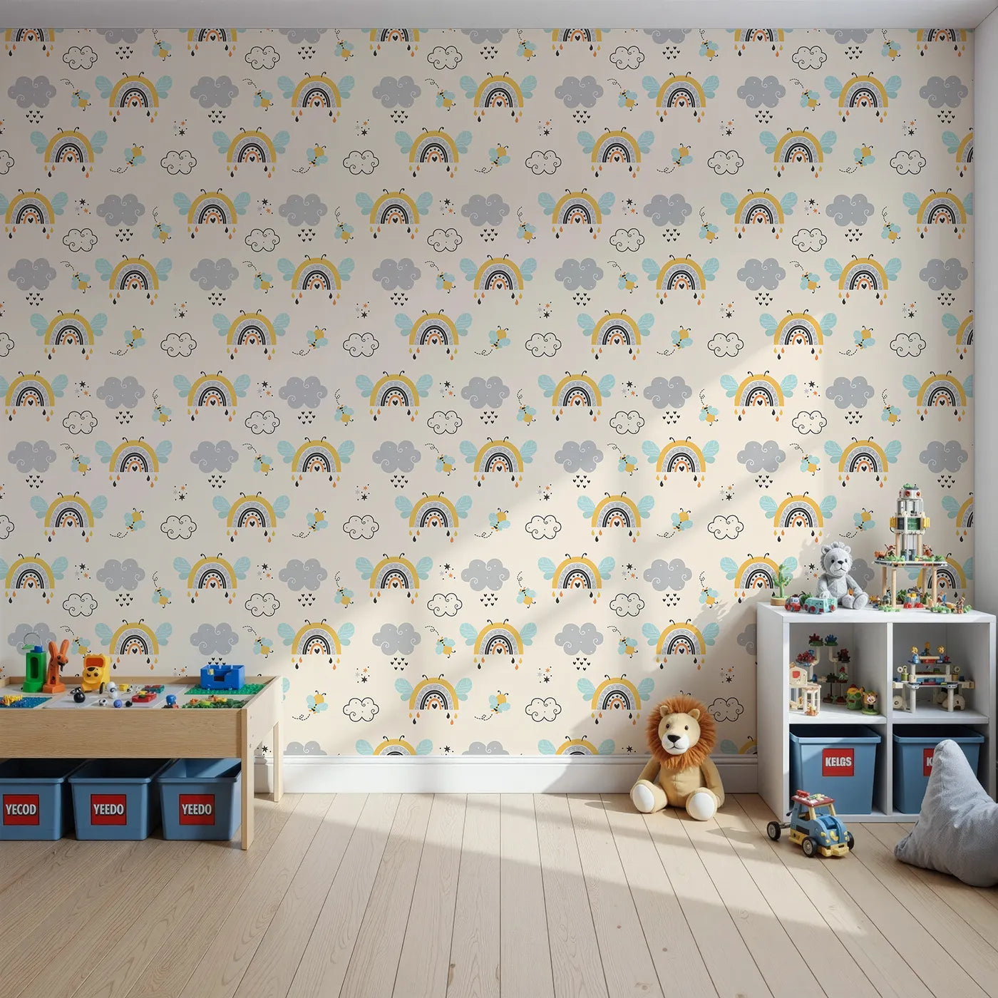 Front view of Whimsy Tots' Bee Rainbow Dreams Wallpaper in Sand