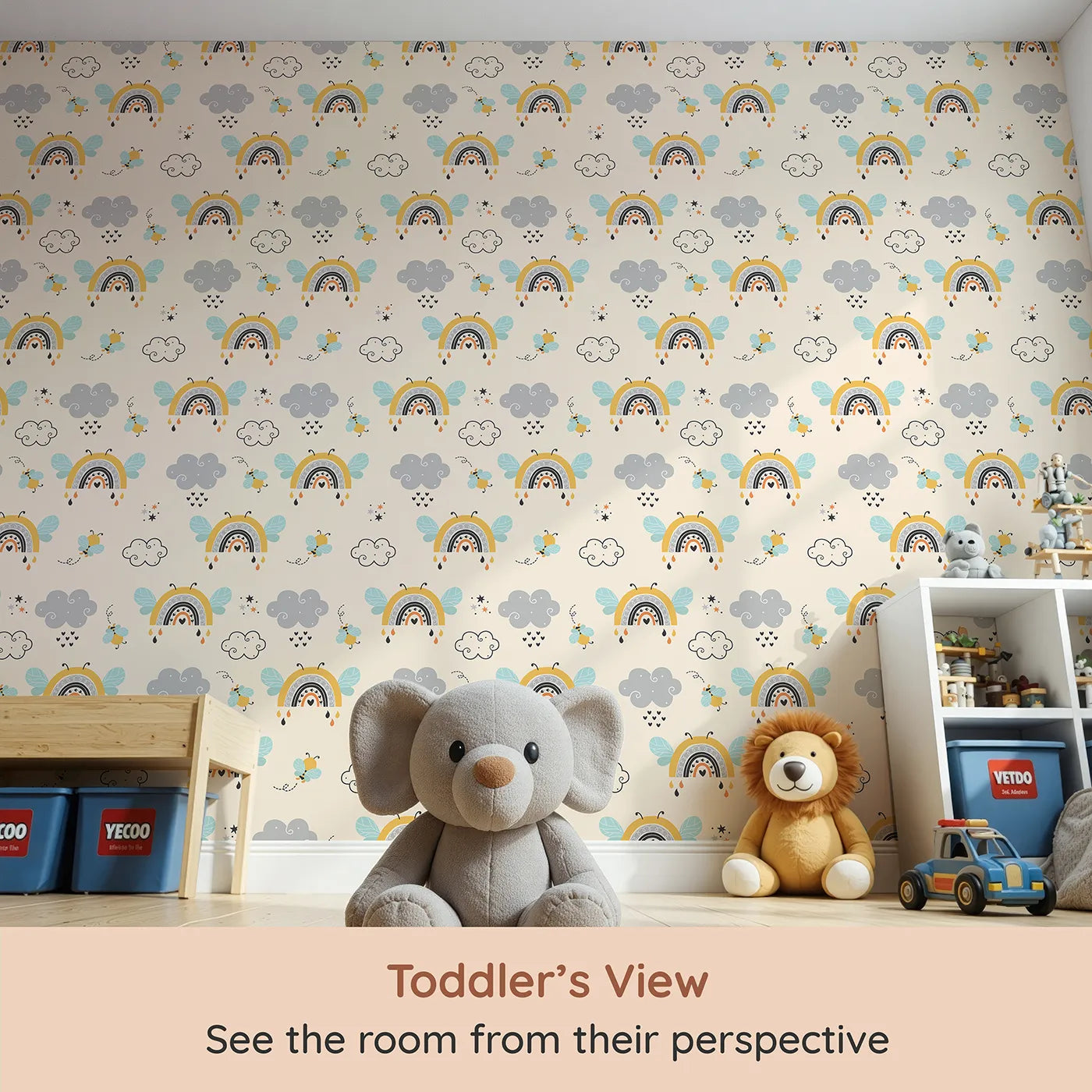Whimsy Tots Bee Rainbow Dreams Wallpaper in Sand (W3436C) from your child's view.Buzzy rainbows and floating clouds drift through a sandy sky.