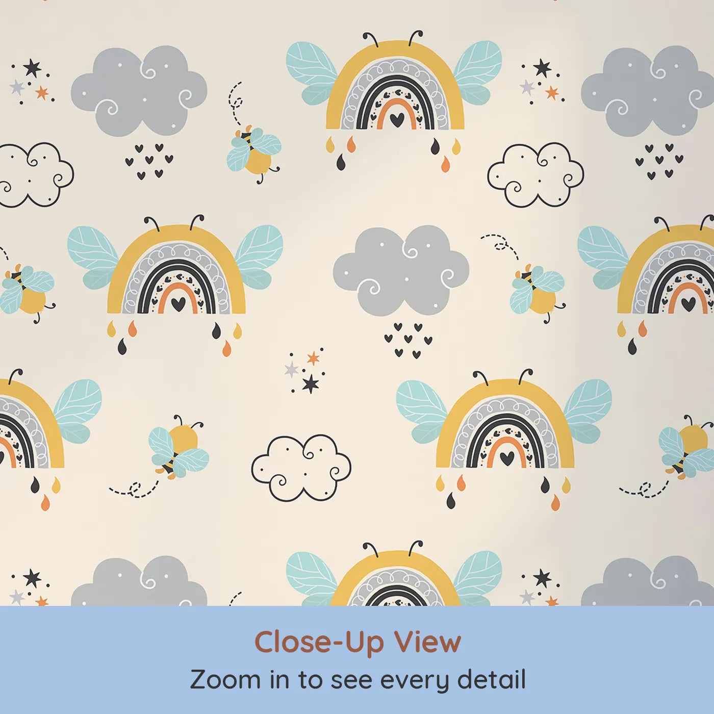 Close-up view of Whimsy Tots' Bee Rainbow Dreams Wallpaper in Sand (W3436C).Buzzy rainbows and floating clouds drift through a sandy sky.