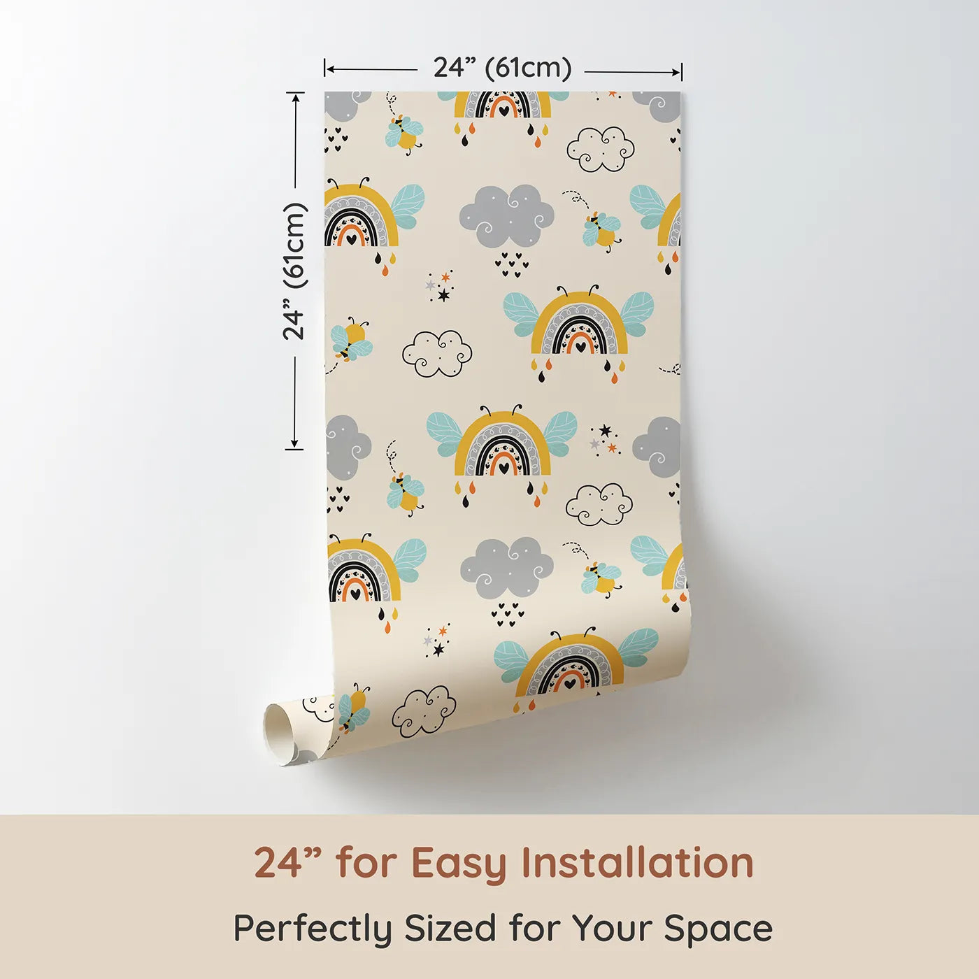 Dimension view of Whimsy Tots Bee Rainbow Dreams Wallpaper in Sand (W3436C). Printed in 24-inch-wide panel for easy installation. Buzzy rainbows and floating clouds drift through a sandy sky.