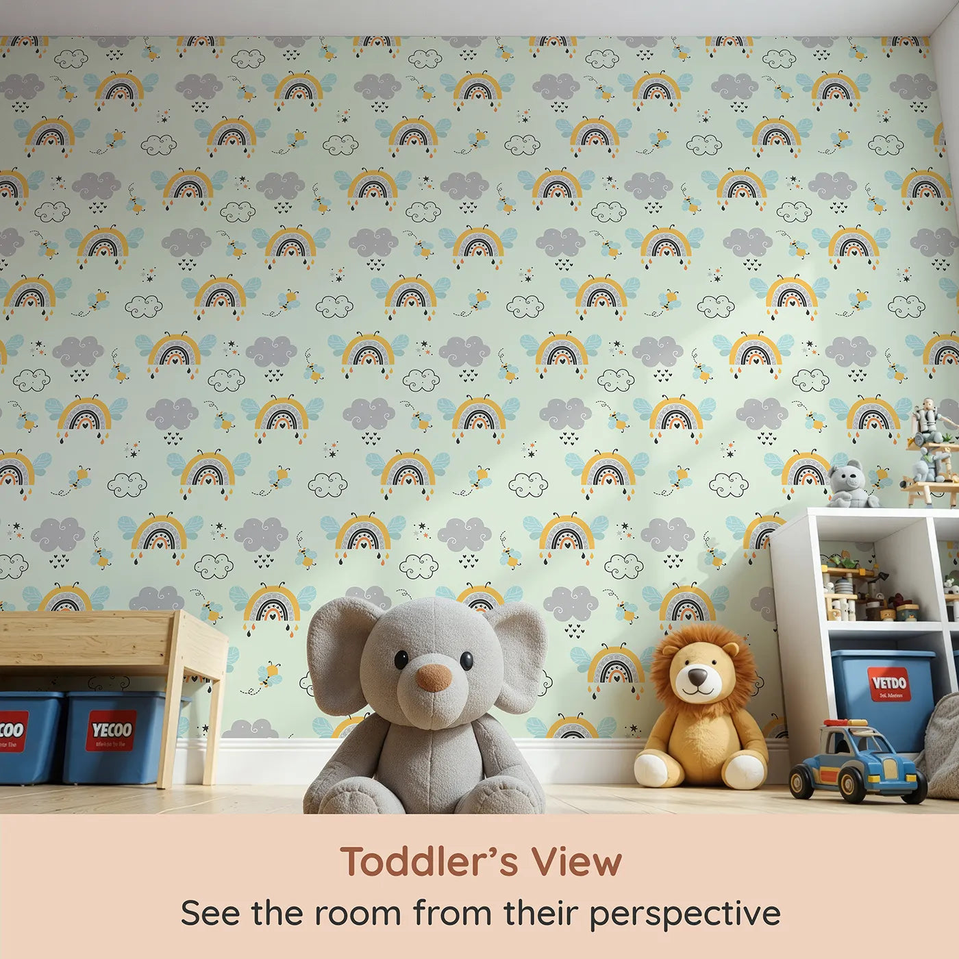 Whimsy Tots Bee Rainbow Dreams Wallpaper in Mint Green (W3436D) from your child's view.Winged rainbows and bees flutter across a minty sky full of dreams.