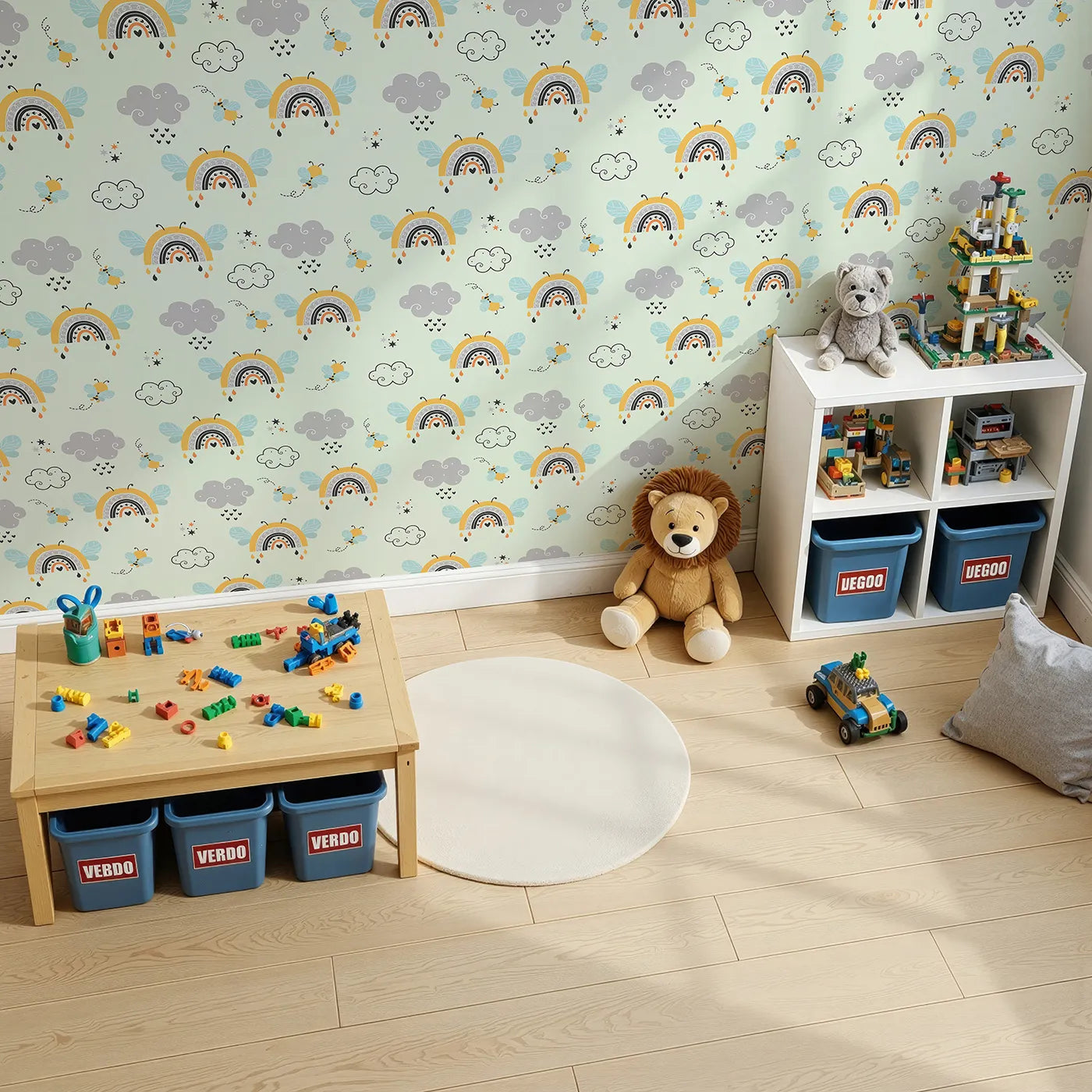 Top-Down view of Whimsy Tots' Bee Rainbow Dreams Wallpaper in Mint Green (W3436D).Winged rainbows and bees flutter across a minty sky full of dreams.