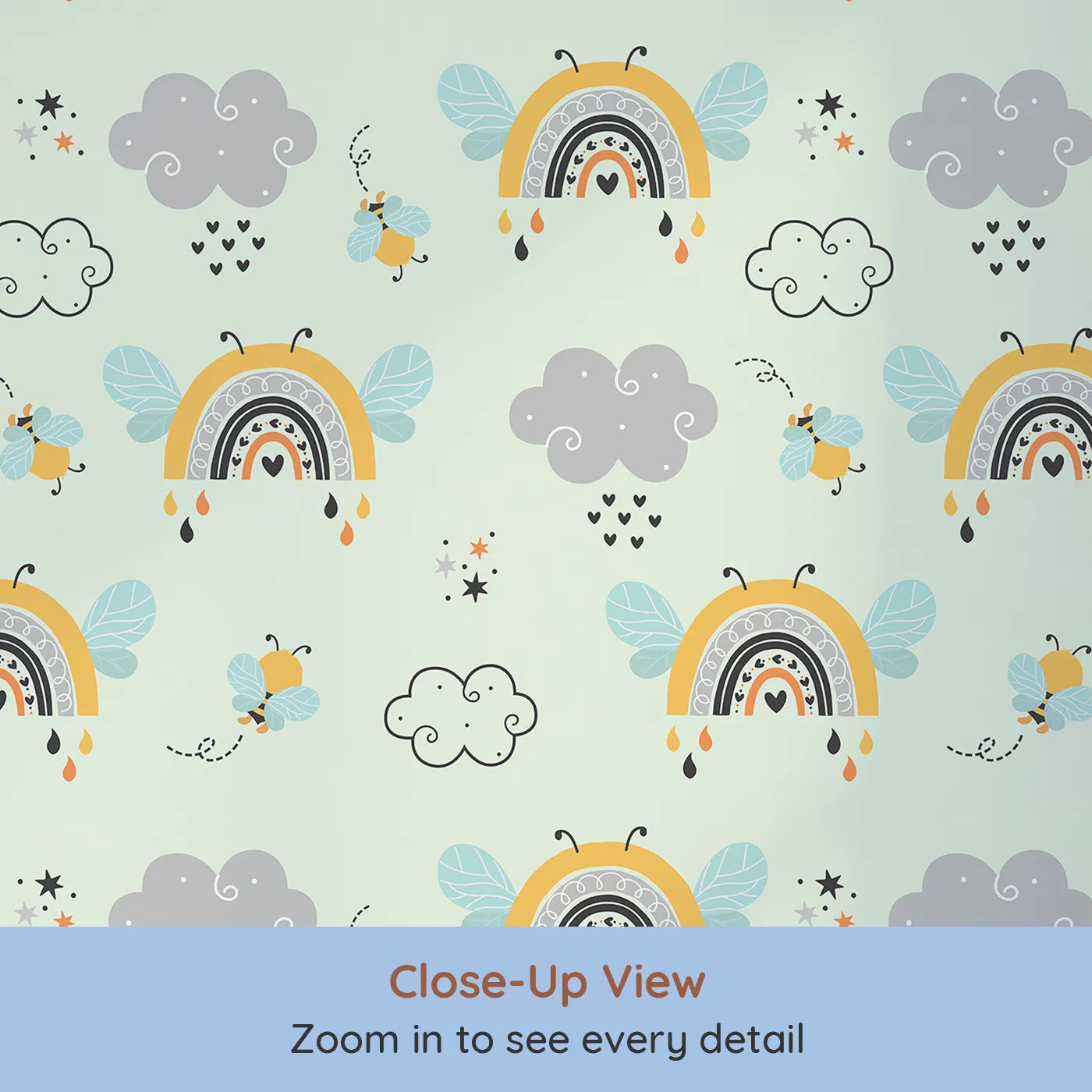 Close-up view of Whimsy Tots' Bee Rainbow Dreams Wallpaper in Mint Green (W3436D).Winged rainbows and bees flutter across a minty sky full of dreams.