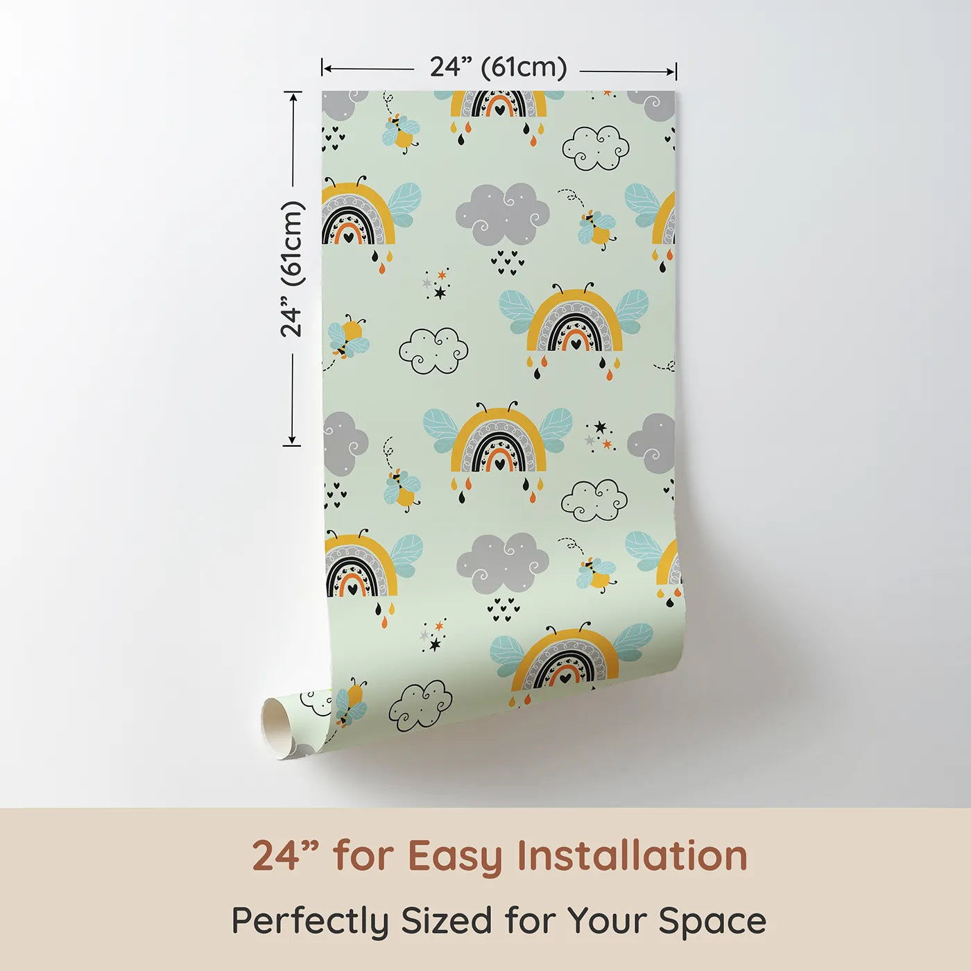 Dimension view of Whimsy Tots Bee Rainbow Dreams Wallpaper in Mint Green (W3436D). Printed in 24-inch-wide panel for easy installation. Winged rainbows and bees flutter across a minty sky full of dreams.