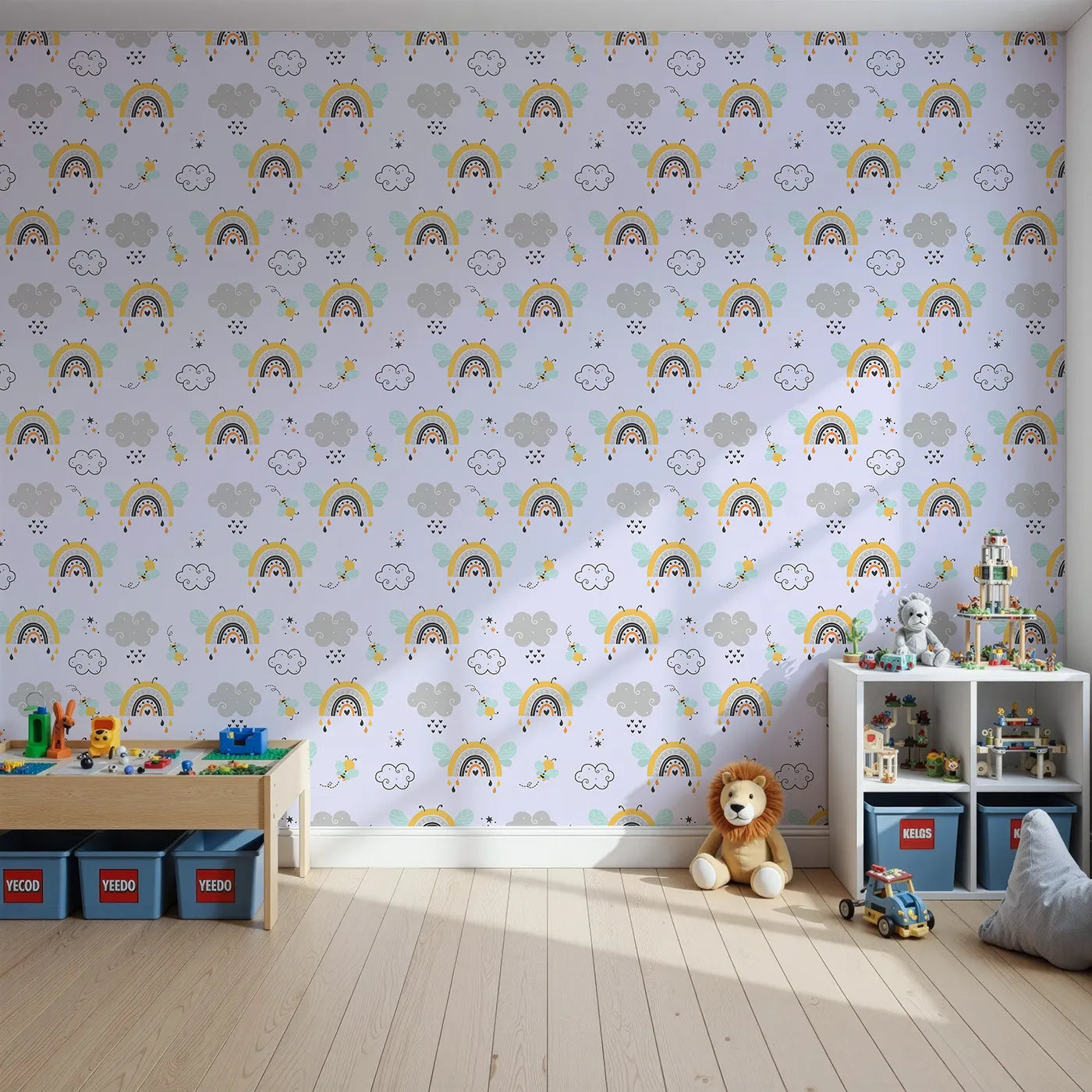 Front view of Whimsy Tots' Bee Rainbow Dreams Wallpaper in Lavender