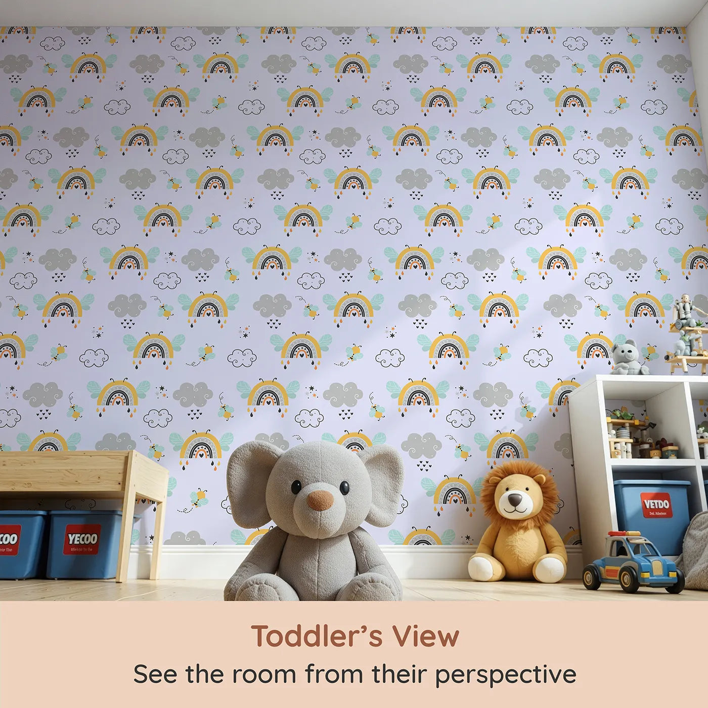 Whimsy Tots Bee Rainbow Dreams Wallpaper in Lavender (W3436E) from your child's view.Bees and rainbows drift through a lavender sky filled with stars and dreams.