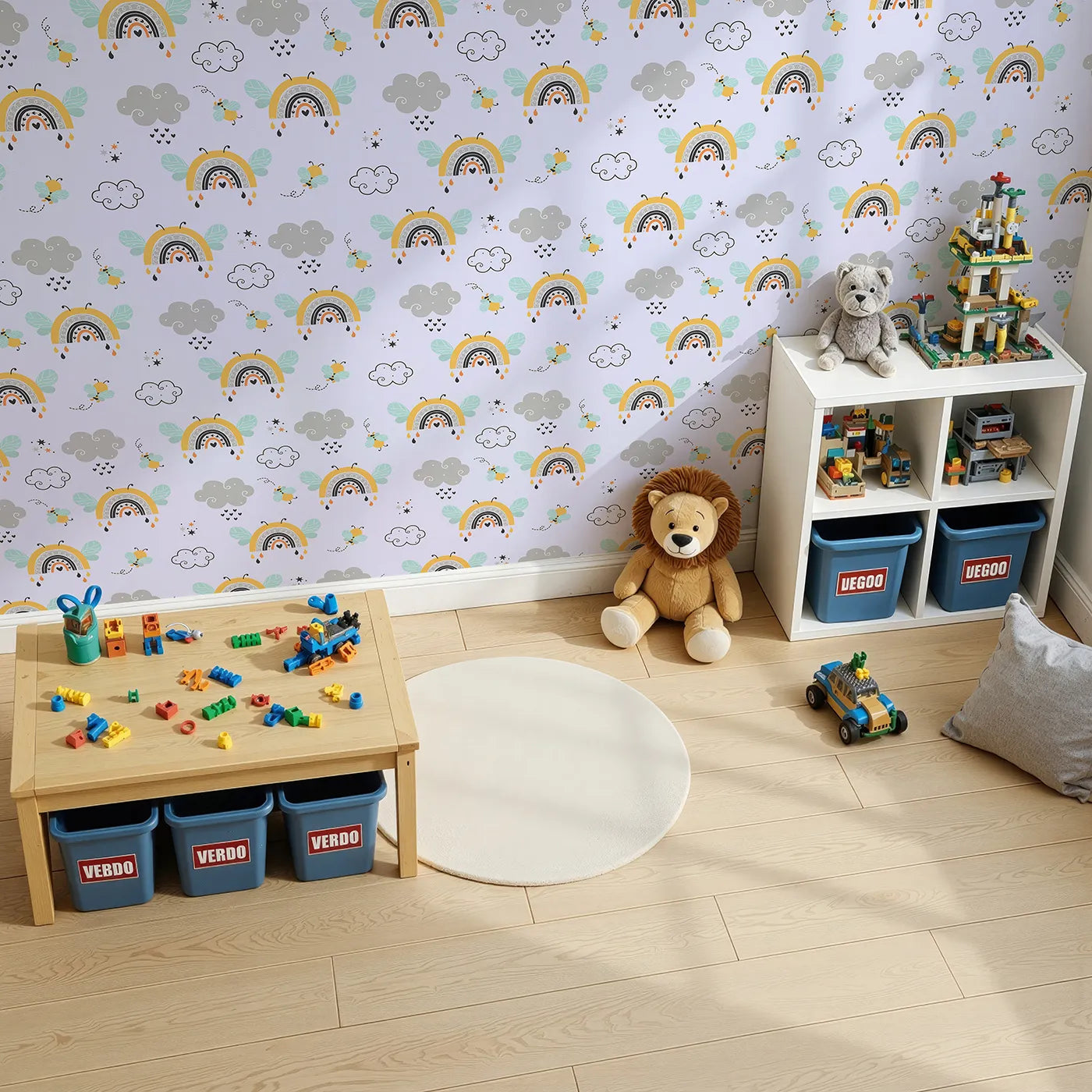 Top-Down view of Whimsy Tots' Bee Rainbow Dreams Wallpaper in Lavender (W3436E).Bees and rainbows drift through a lavender sky filled with stars and dreams.