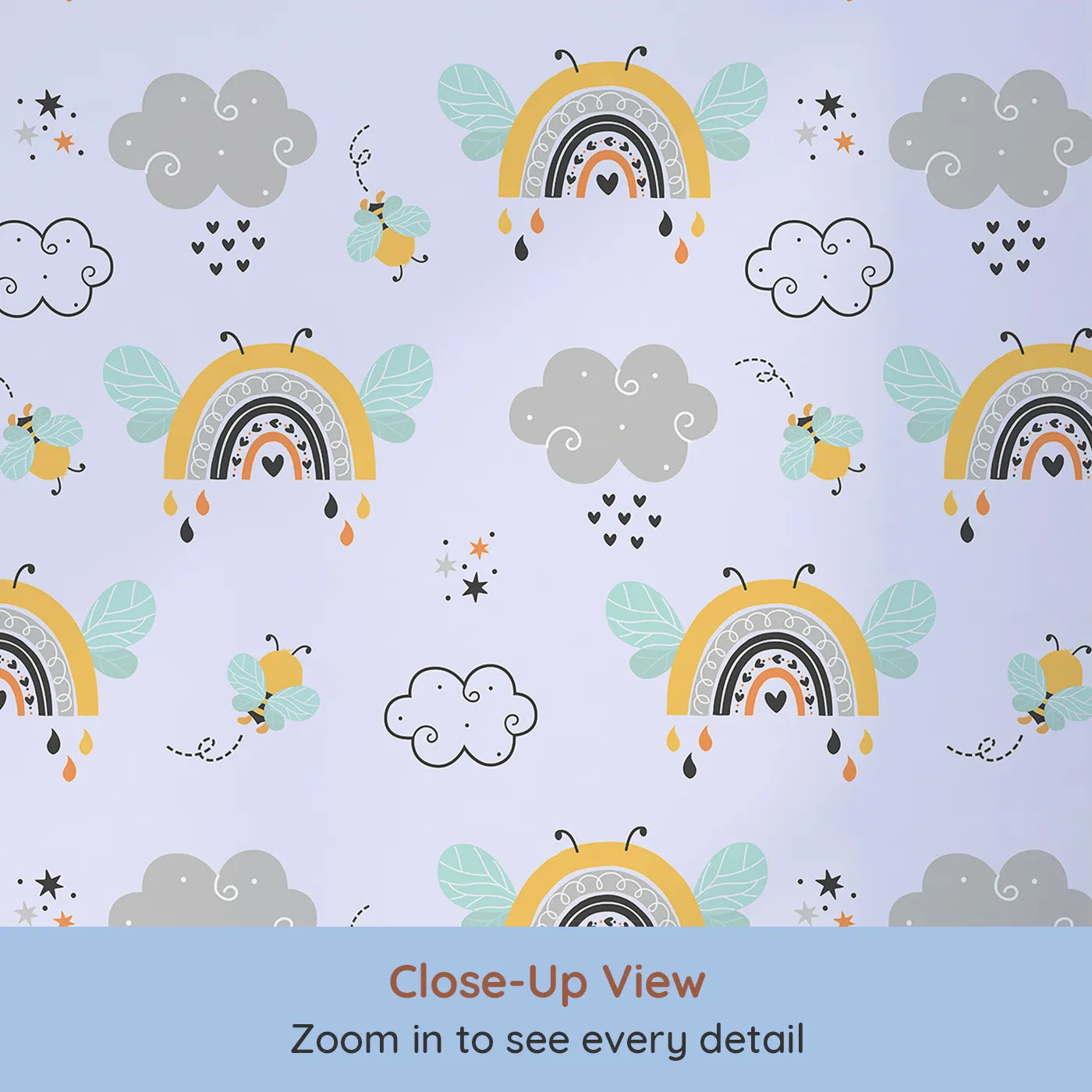 Close-up view of Whimsy Tots' Bee Rainbow Dreams Wallpaper in Lavender (W3436E).Bees and rainbows drift through a lavender sky filled with stars and dreams.
