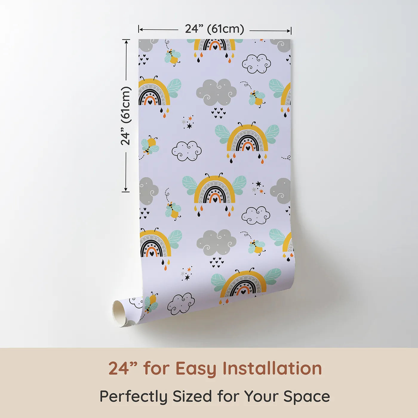 Dimension view of Whimsy Tots Bee Rainbow Dreams Wallpaper in Lavender (W3436E). Printed in 24-inch-wide panel for easy installation. Bees and rainbows drift through a lavender sky filled with stars and dreams.