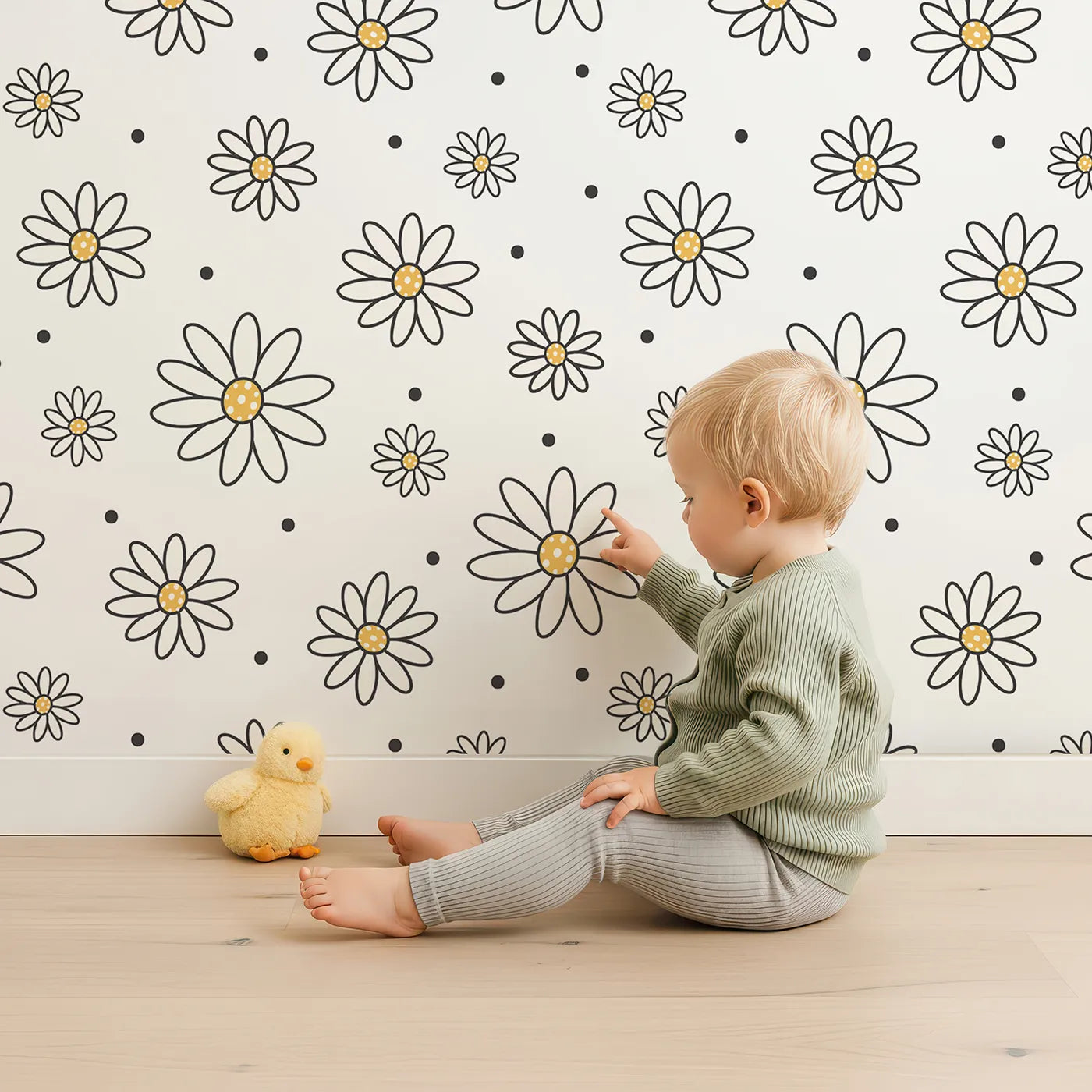 Lovely child standing in front of Whimsy Tots Daisy Dot Dance Wallpaper in White with flower, dot in design.