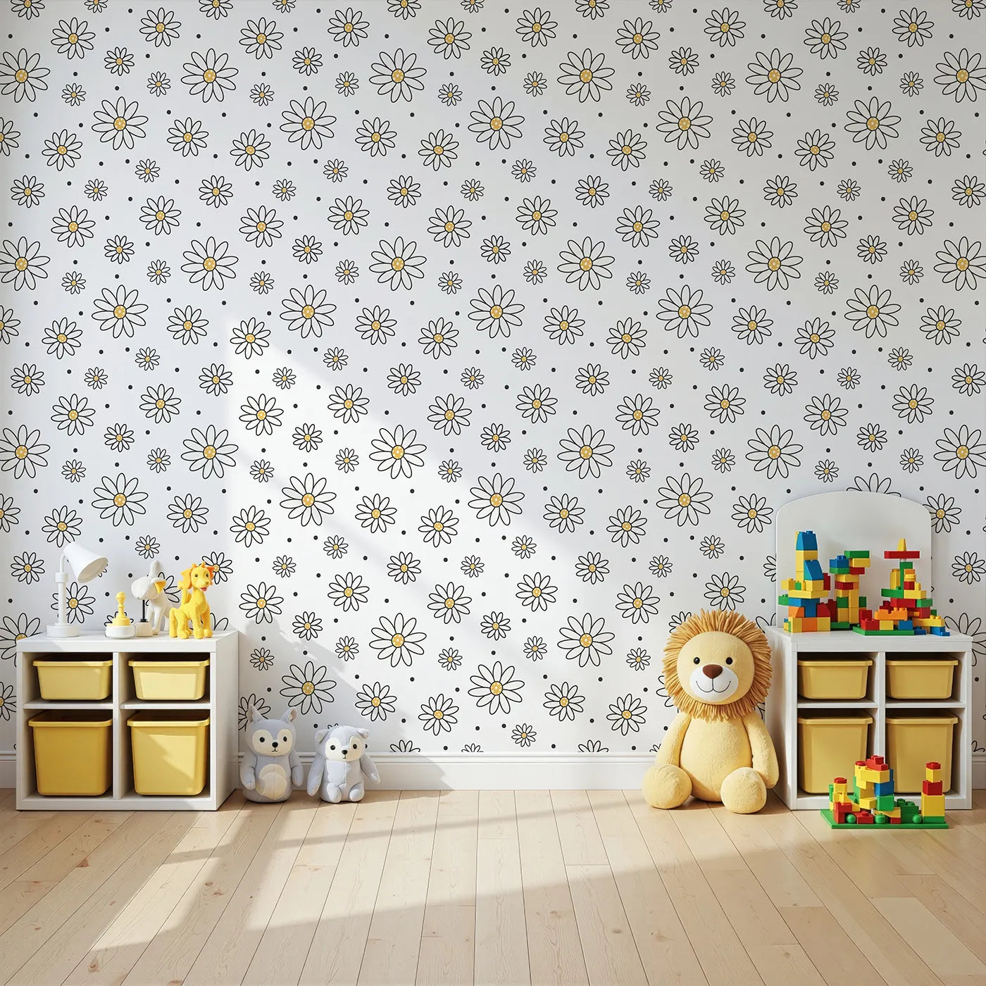 Angled view of Whimsy Tots' Daisy Dot Dance Wallpaper in White (W3437A).Whimsical daisies and cheerful dots dance across a bright white sky.
