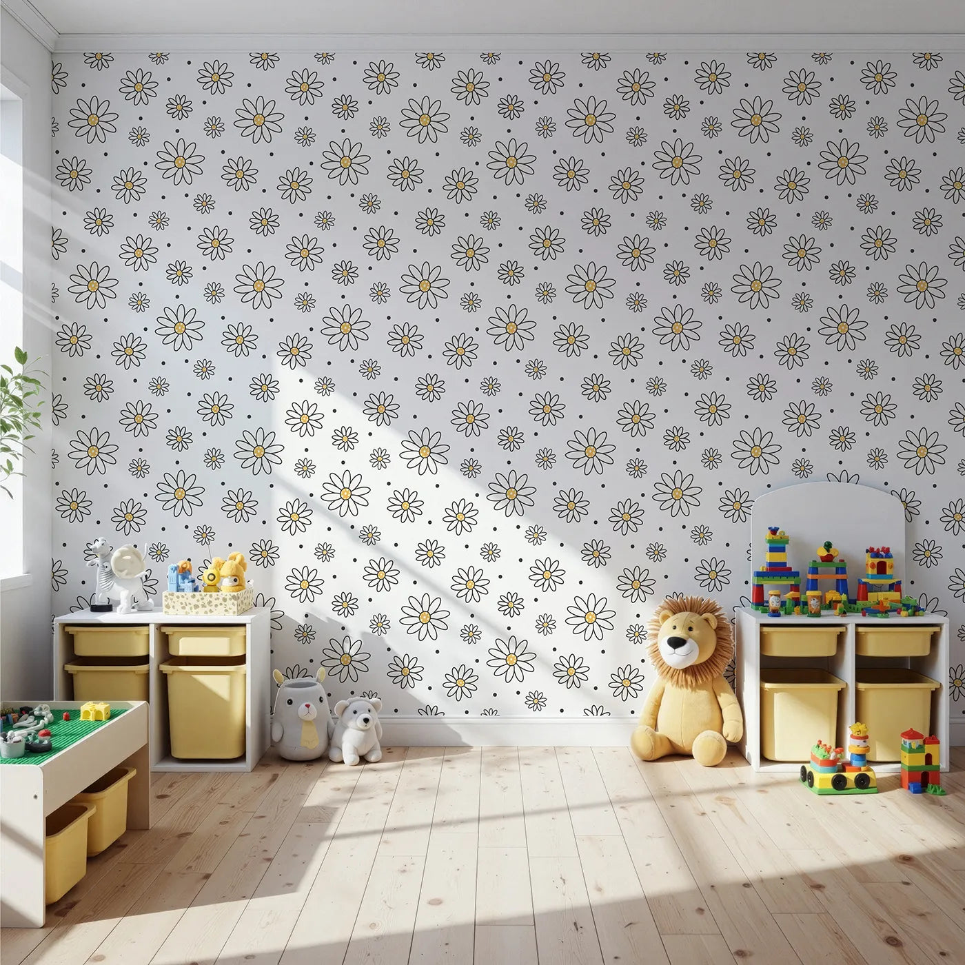 Front view of Whimsy Tots' Daisy Dot Dance Wallpaper in White