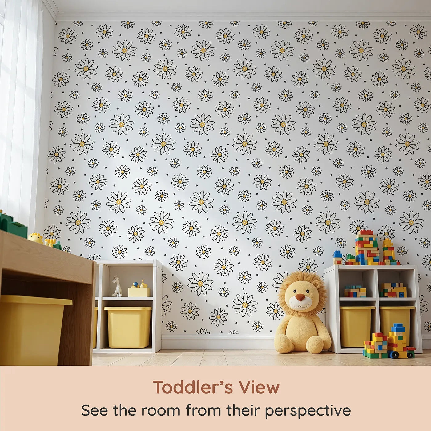 Whimsy Tots Daisy Dot Dance Wallpaper in White (W3437A) from your child's view.Whimsical daisies and cheerful dots dance across a bright white sky.