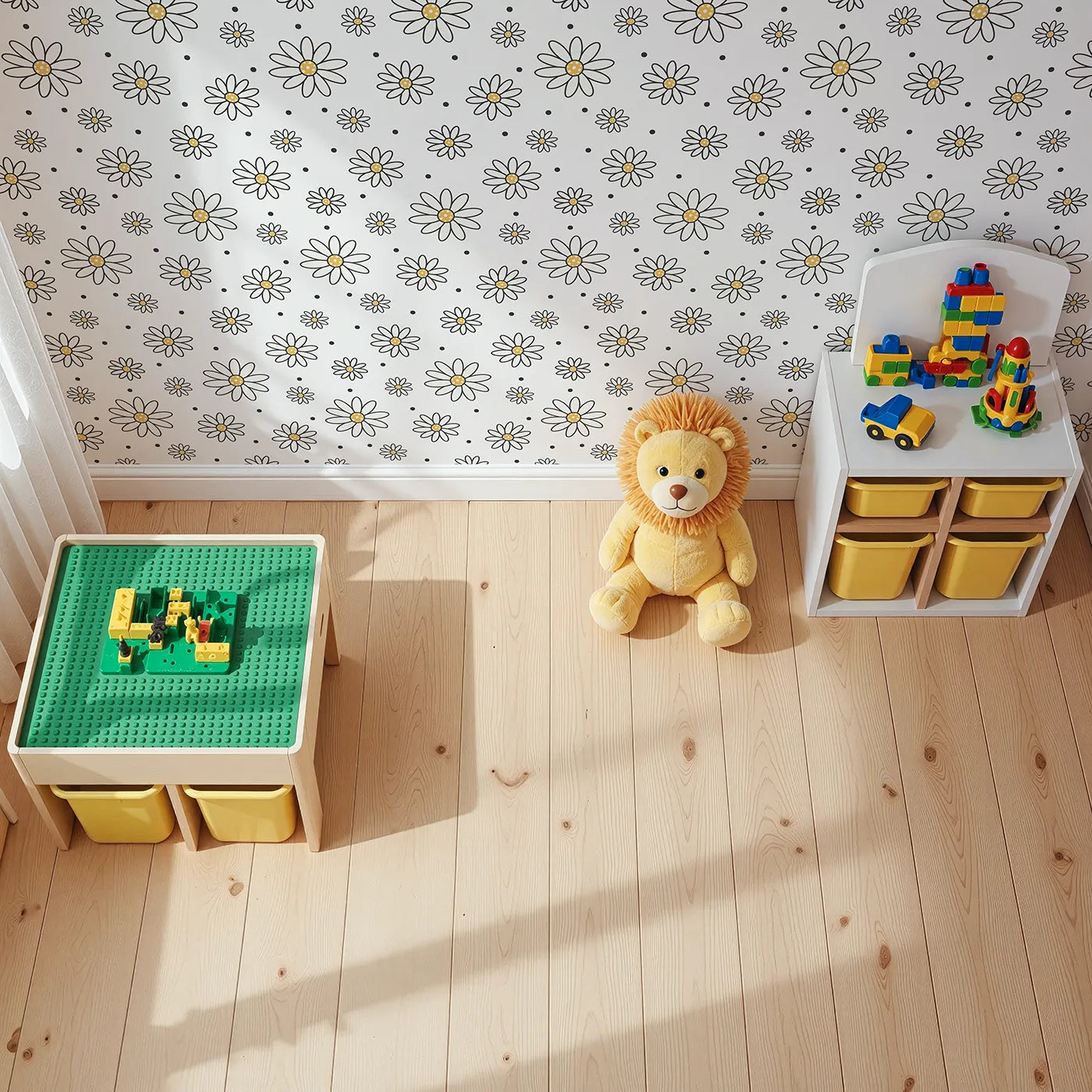 Top-Down view of Whimsy Tots' Daisy Dot Dance Wallpaper in White (W3437A).Whimsical daisies and cheerful dots dance across a bright white sky.