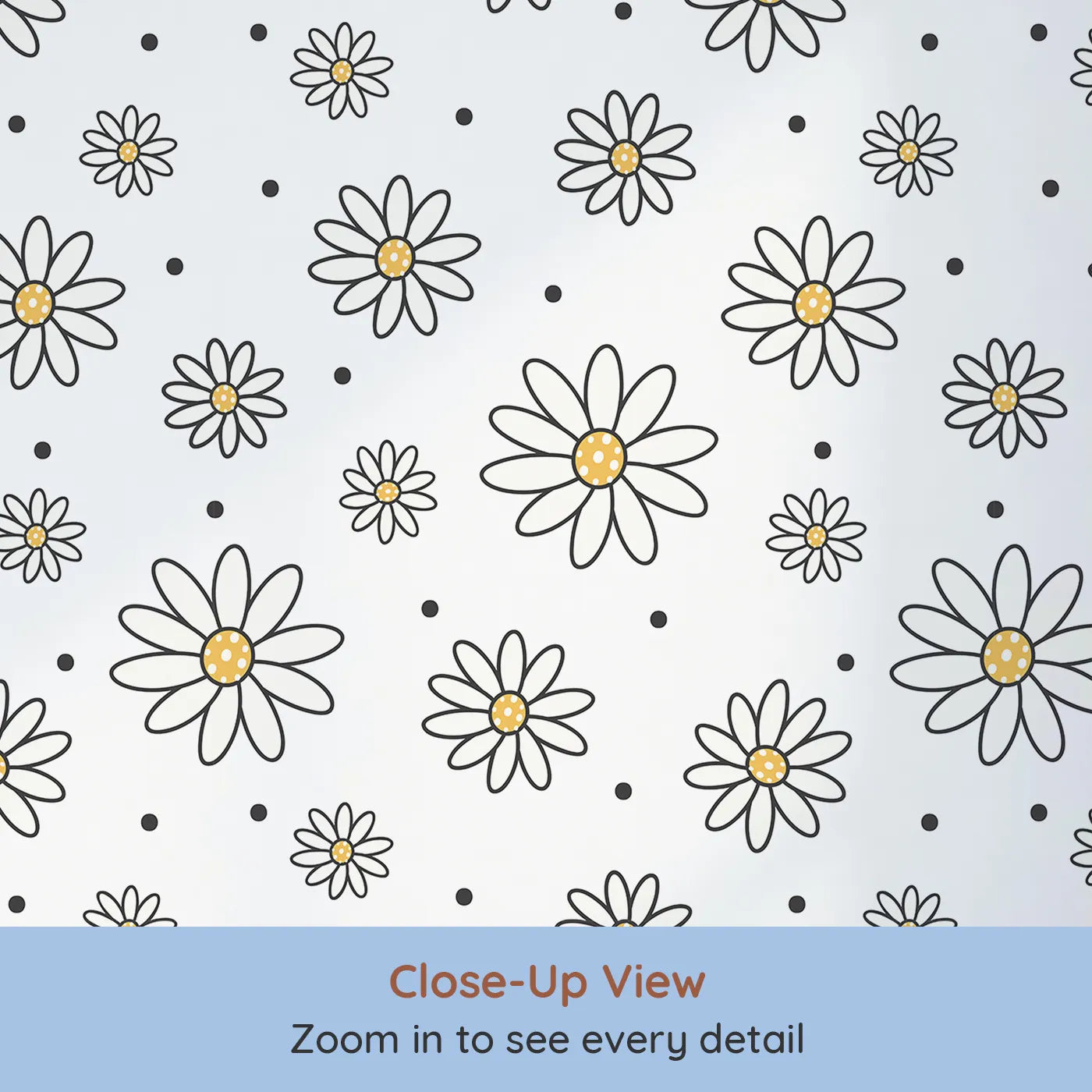 Close-up view of Whimsy Tots' Daisy Dot Dance Wallpaper in White (W3437A).Whimsical daisies and cheerful dots dance across a bright white sky.