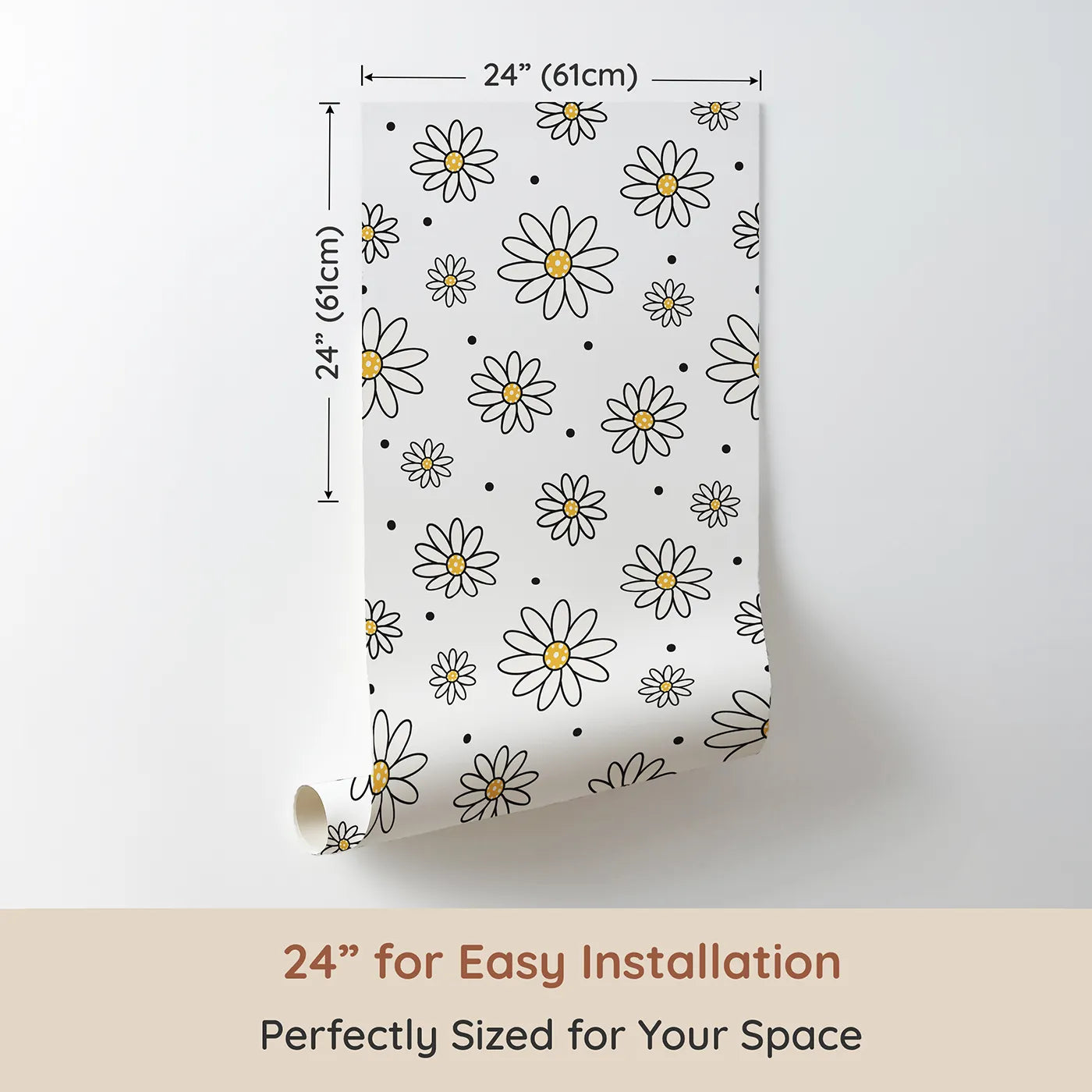 Dimension view of Whimsy Tots Daisy Dot Dance Wallpaper in White (W3437A). Printed in 24-inch-wide panel for easy installation. Whimsical daisies and cheerful dots dance across a bright white sky.