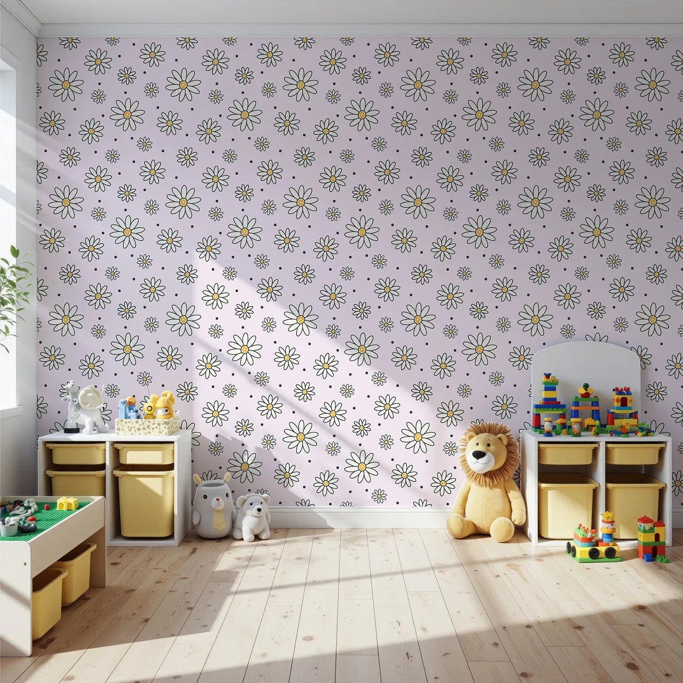 Front view of Whimsy Tots' Daisy Dot Dance Wallpaper in Blush Pink