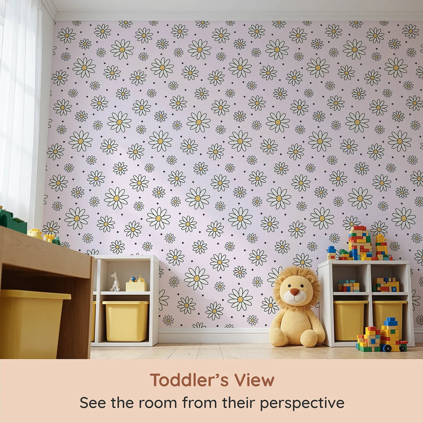 Whimsy Tots Daisy Dot Dance Wallpaper in Blush Pink (W3437B) from your child's view.Cheerful daisies and dotted sprinkles bloom across a blush-pink sky.