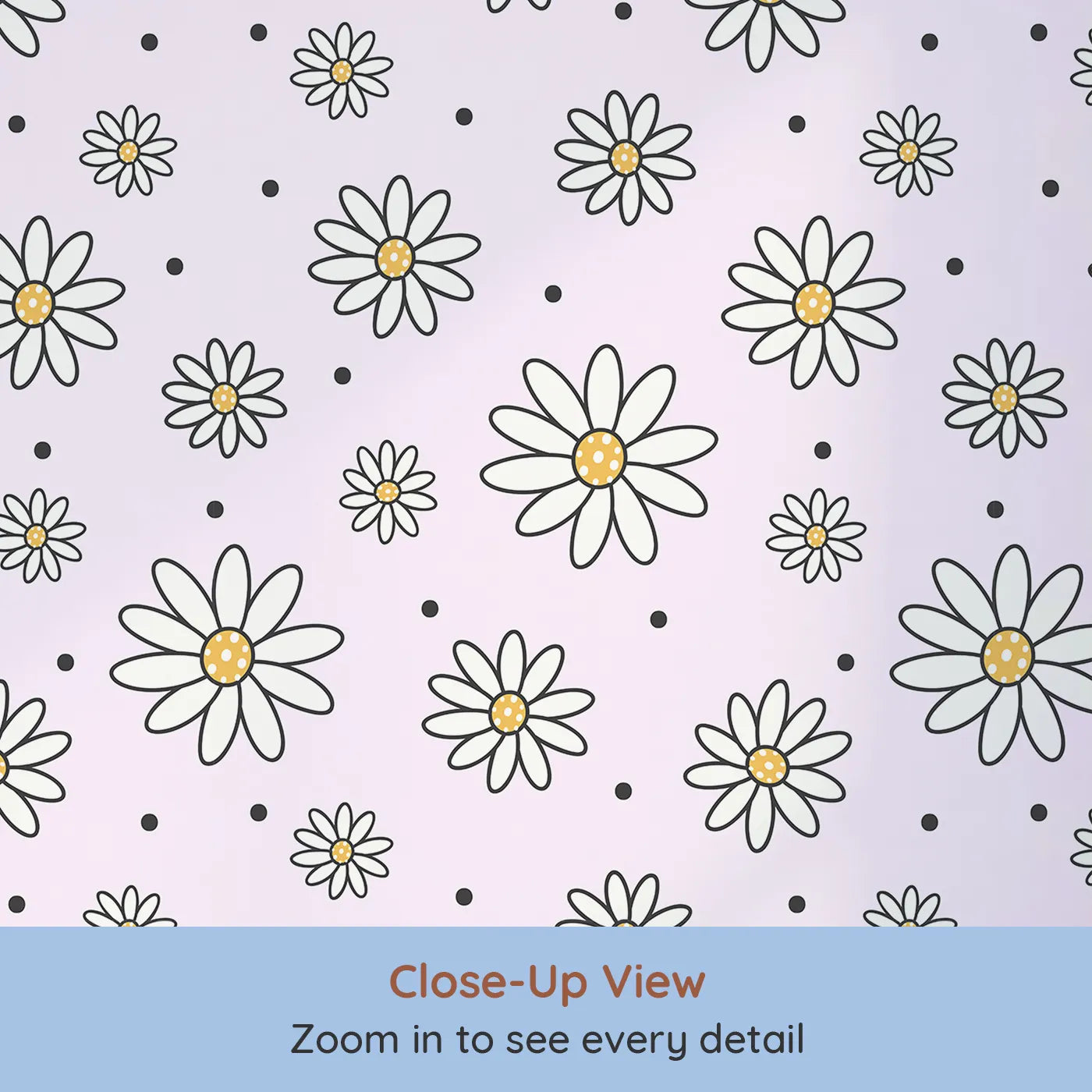Close-up view of Whimsy Tots' Daisy Dot Dance Wallpaper in Blush Pink (W3437B).Cheerful daisies and dotted sprinkles bloom across a blush-pink sky.