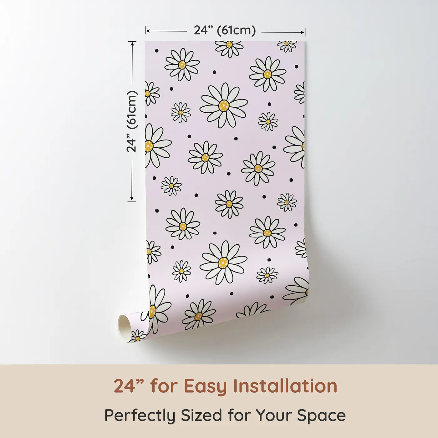 Dimension view of Whimsy Tots Daisy Dot Dance Wallpaper in Blush Pink (W3437B). Printed in 24-inch-wide panel for easy installation. Cheerful daisies and dotted sprinkles bloom across a blush-pink sky.