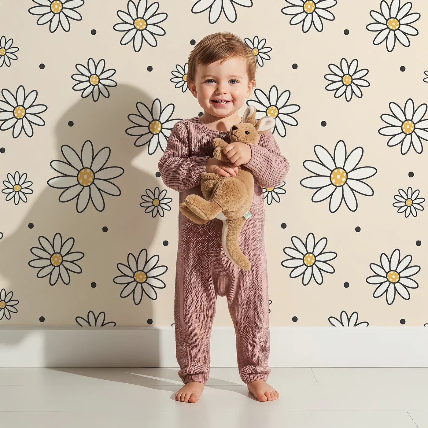 Lovely child standing in front of Whimsy Tots Daisy Dot Dance Wallpaper in Sand with flower, dot in design.