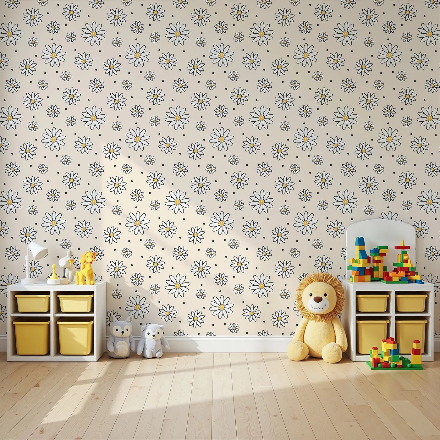 Angled view of Whimsy Tots' Daisy Dot Dance Wallpaper in Sand (W3437C).Graphic daisies and dotted sprinkles bloom on soft sandy tones.