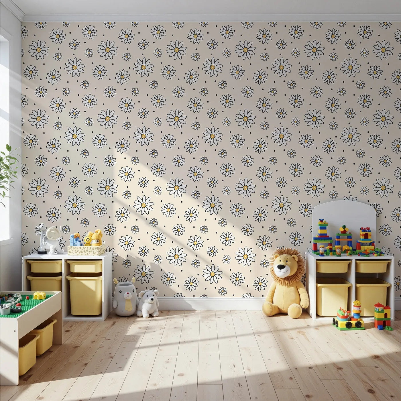 Front view of Whimsy Tots' Daisy Dot Dance Wallpaper in Sand