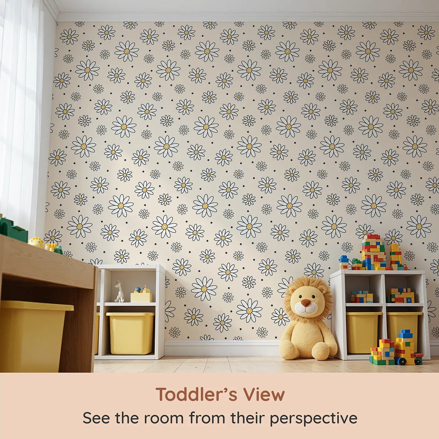 Whimsy Tots Daisy Dot Dance Wallpaper in Sand (W3437C) from your child's view.Graphic daisies and dotted sprinkles bloom on soft sandy tones.