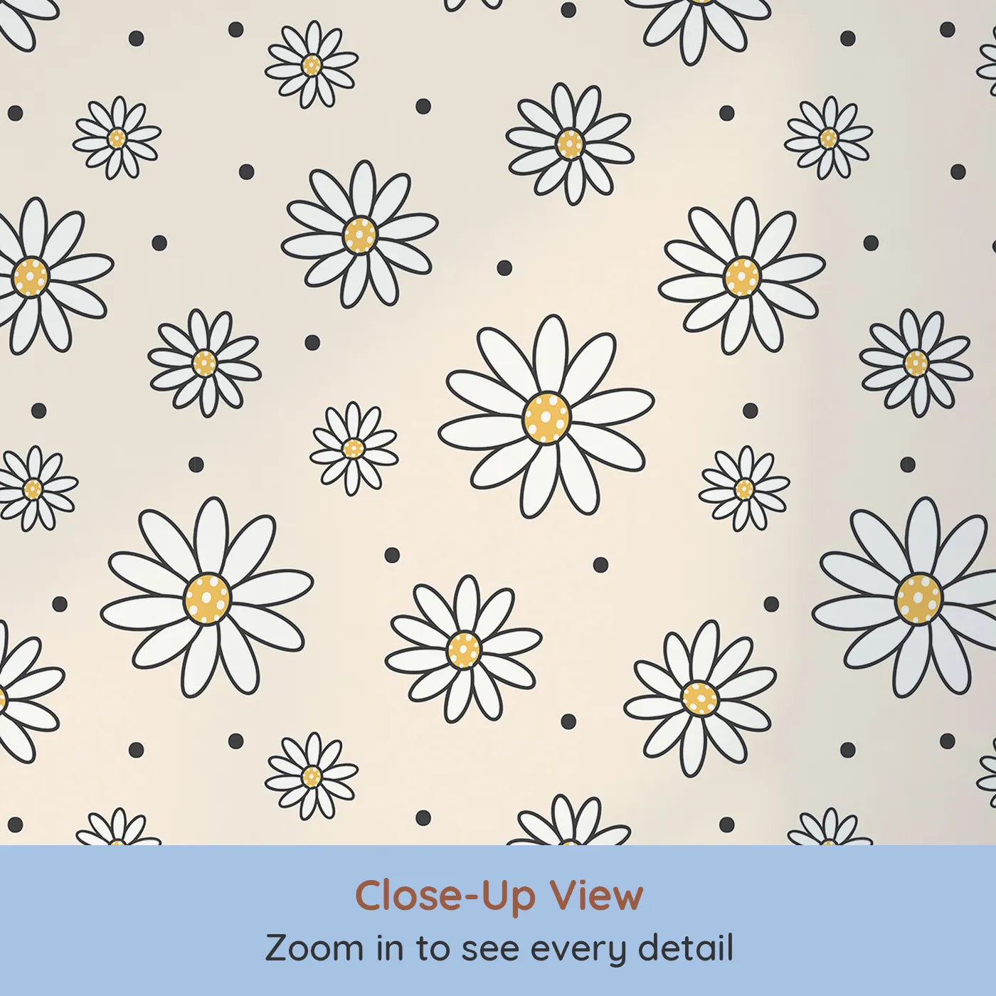 Close-up view of Whimsy Tots' Daisy Dot Dance Wallpaper in Sand (W3437C).Graphic daisies and dotted sprinkles bloom on soft sandy tones.
