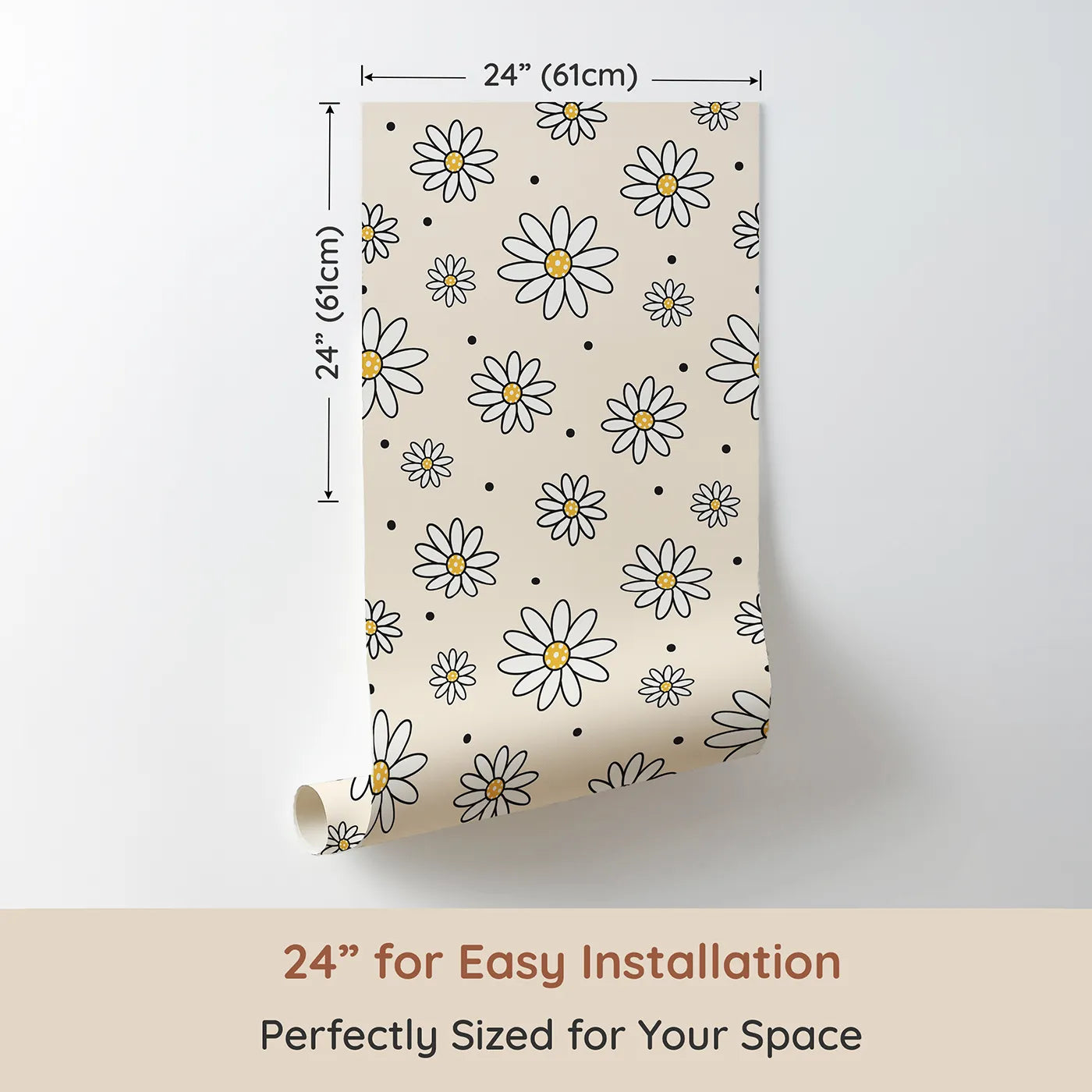Dimension view of Whimsy Tots Daisy Dot Dance Wallpaper in Sand (W3437C). Printed in 24-inch-wide panel for easy installation. Graphic daisies and dotted sprinkles bloom on soft sandy tones.