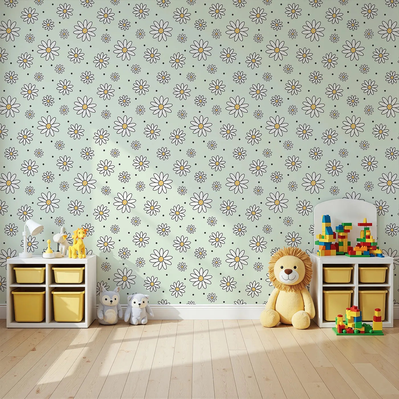 Angled view of Whimsy Tots' Daisy Dot Dance Wallpaper in Mint Green (W3437D).Fresh daisies and playful dots scatter across a soft minty breeze.