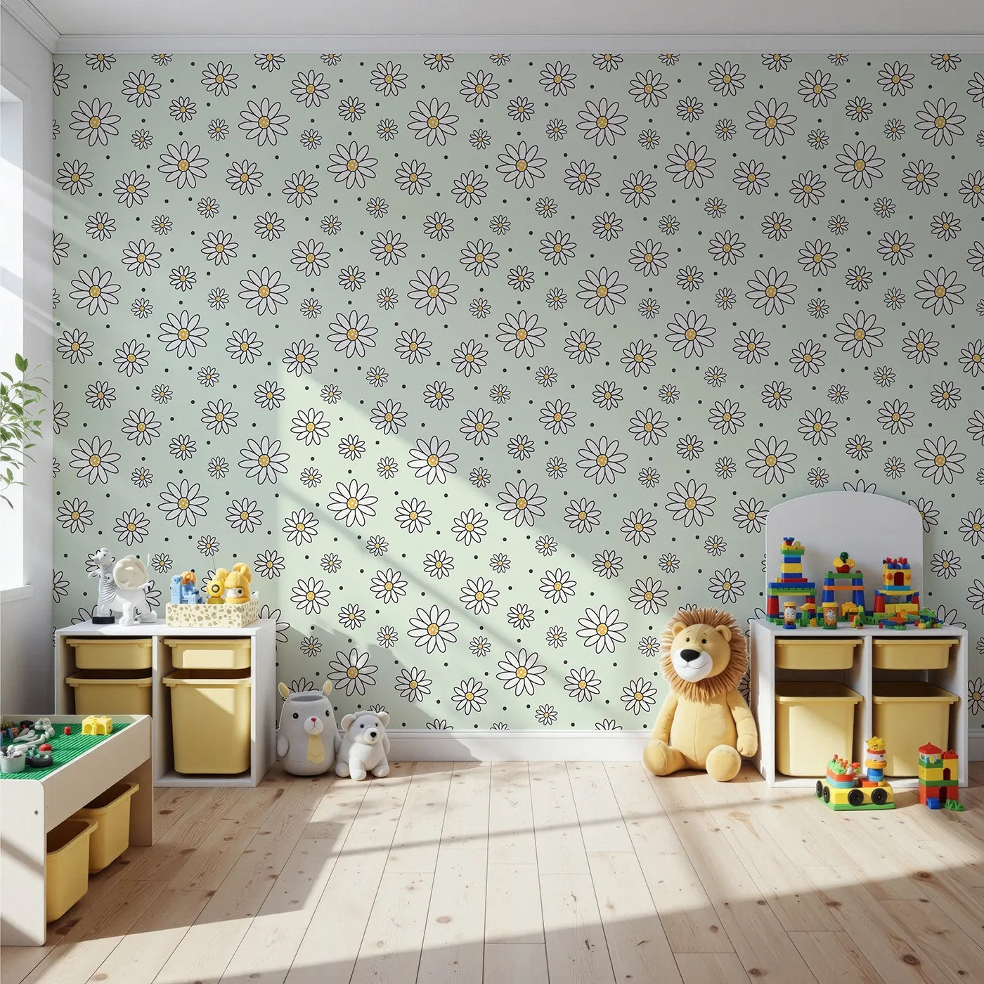 Front view of Whimsy Tots' Daisy Dot Dance Wallpaper in Mint Green