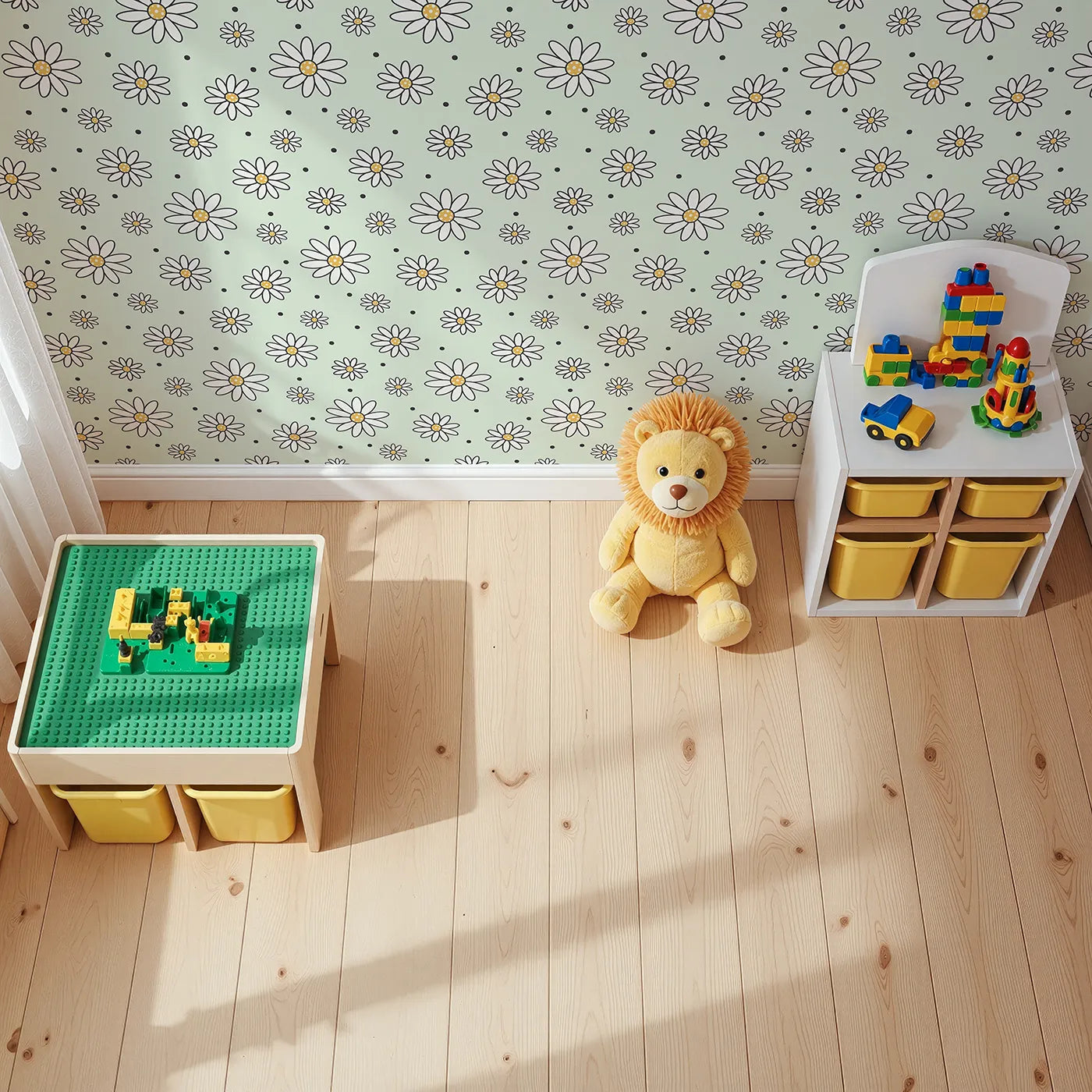 Top-Down view of Whimsy Tots' Daisy Dot Dance Wallpaper in Mint Green (W3437D).Fresh daisies and playful dots scatter across a soft minty breeze.