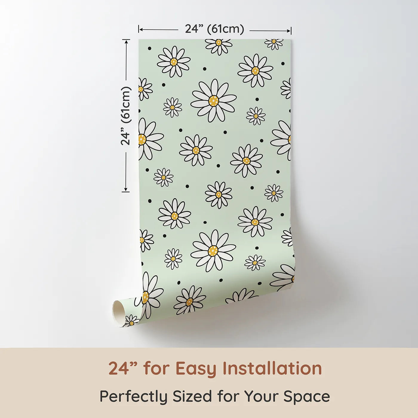 Dimension view of Whimsy Tots Daisy Dot Dance Wallpaper in Mint Green (W3437D). Printed in 24-inch-wide panel for easy installation. Fresh daisies and playful dots scatter across a soft minty breeze.