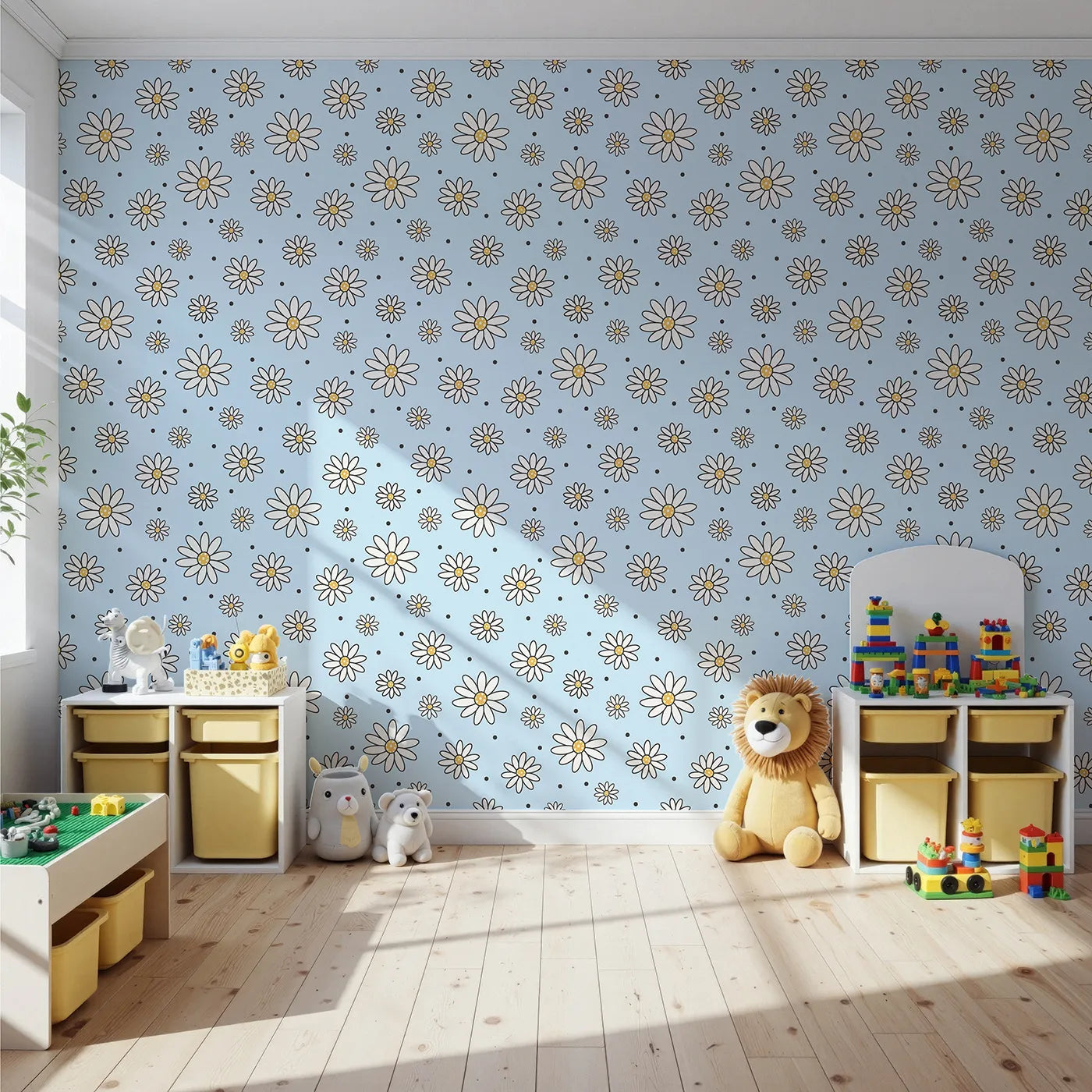 Front view of Whimsy Tots' Daisy Dot Dance Wallpaper in Sky