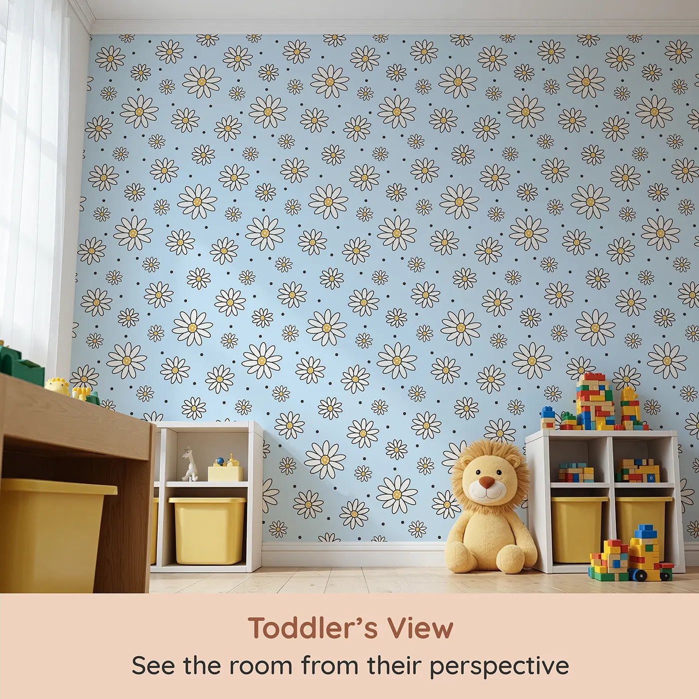 Whimsy Tots Daisy Dot Dance Wallpaper in Sky (W3437E) from your child's view.White daisies and cheerful dots bloom against a soft blue sky.