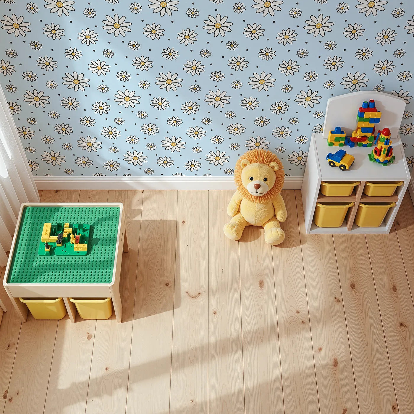 Top-Down view of Whimsy Tots' Daisy Dot Dance Wallpaper in Sky (W3437E).White daisies and cheerful dots bloom against a soft blue sky.