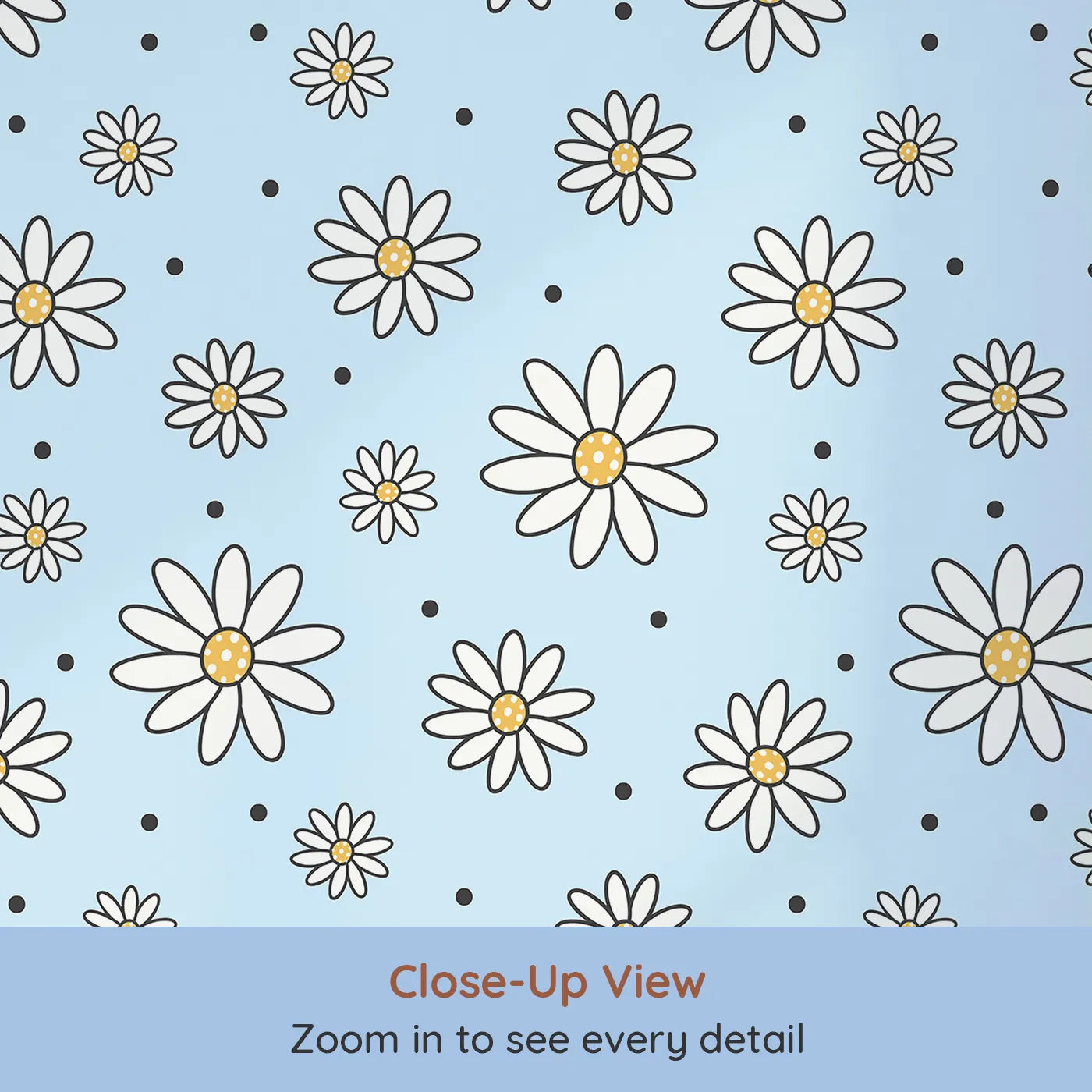 Close-up view of Whimsy Tots' Daisy Dot Dance Wallpaper in Sky (W3437E).White daisies and cheerful dots bloom against a soft blue sky.