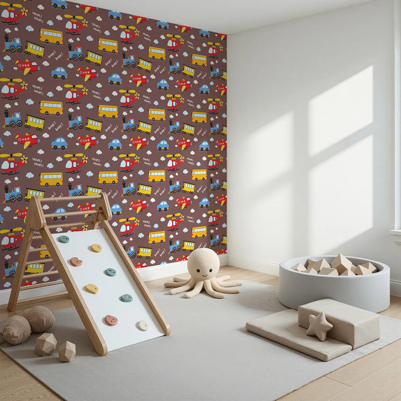 Angled view of Whimsy Tots' Vroom Vroom Transport Parade Wallpaper in Chocolate Brown (W3438A).Planes, trains, buses, and helicopters zoom across a chocolate sky.