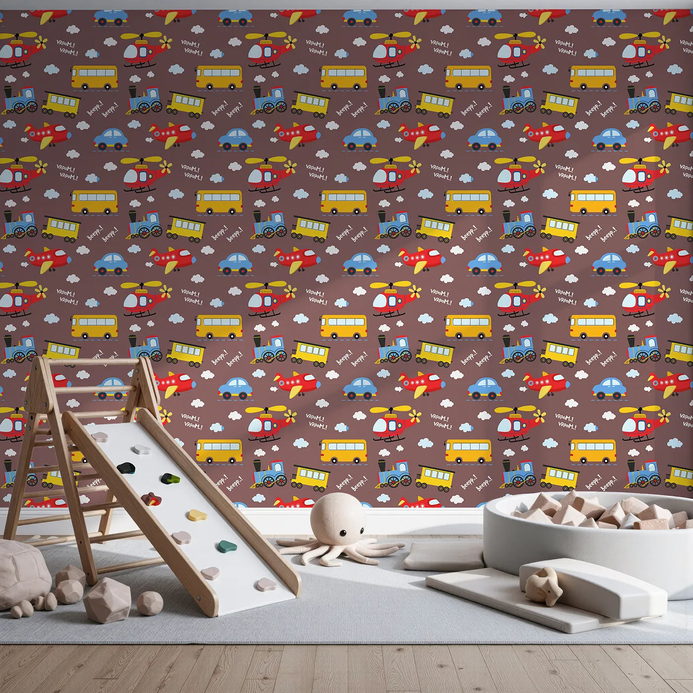 Front view of Whimsy Tots' Vroom Vroom Transport Parade Wallpaper in Chocolate Brown