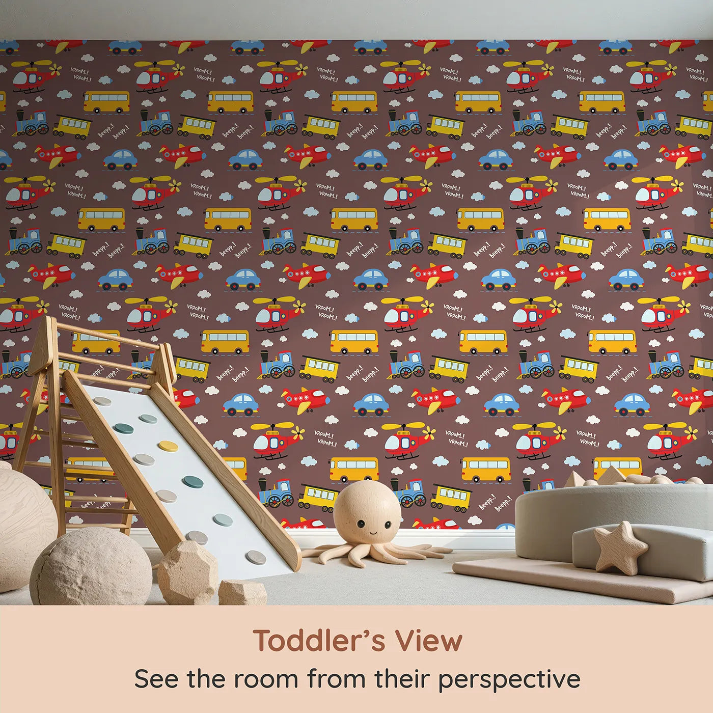 Whimsy Tots Vroom Vroom Transport Parade Wallpaper in Chocolate Brown (W3438A) from your child's view.Planes, trains, buses, and helicopters zoom across a chocolate sky.