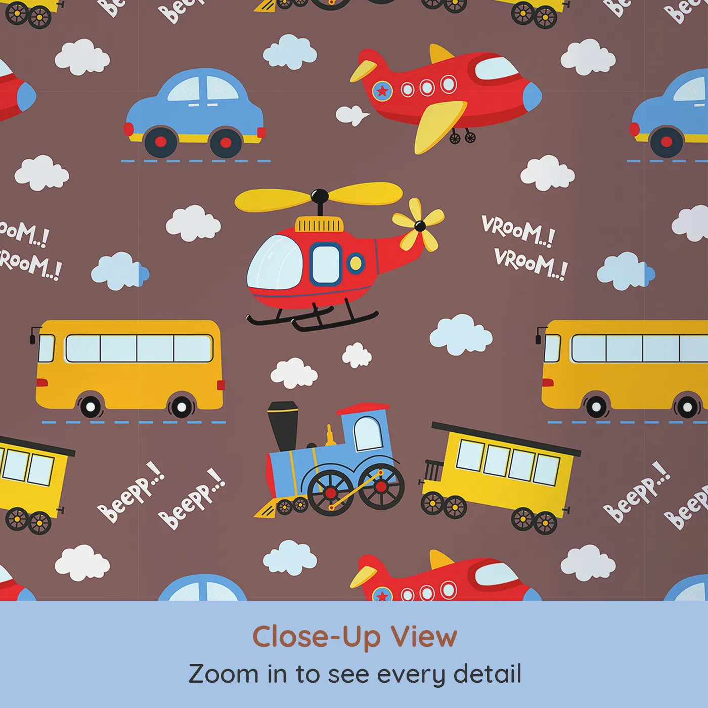 Close-up view of Whimsy Tots' Vroom Vroom Transport Parade Wallpaper in Chocolate Brown (W3438A).Planes, trains, buses, and helicopters zoom across a chocolate sky.